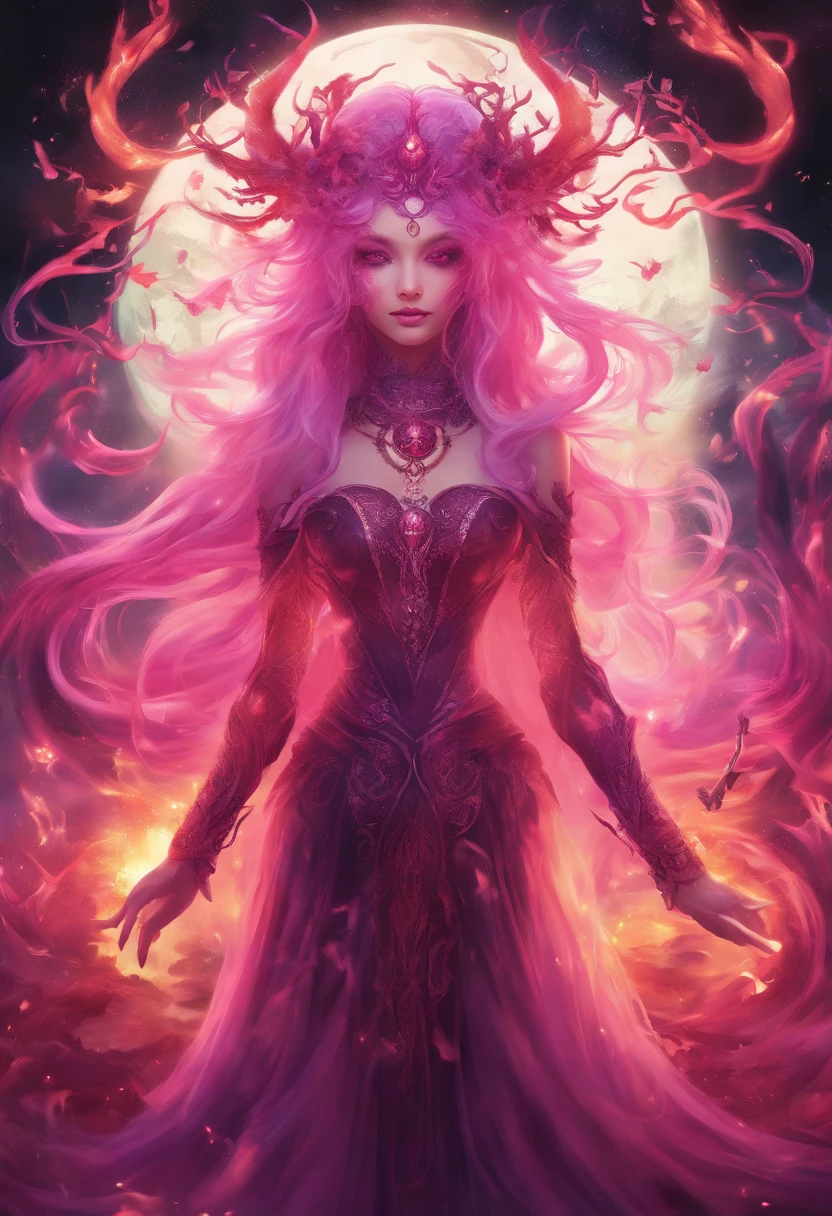 (a pink-haired demon woman,spells:1.1,glowing:1.1)(illustration)(best quality,ultra-detailed,realistic:1.37),demonic witch(demonic:1.1)(magic:1.1)(forest)(dark and mysterious,ominous atmosphere),casting powerful spells,creating magical energy(magic:1.1),vibrant pink hair(swirling pink hair)(flowing pink hair),horns(devil horns:1.1),piercing red eyes,enchanted scepter(magical scepter),elaborate dark robe,glowing magical sigils,fiery embers swirling(magical embers:1.1)(glowing embers),magical aura(glowing aura),eerie shadows,otherworldly presence(presence),sinister smile,nightfall in the background(dark night:1.1)(moonlit forest),lush and dense foliage(twisted trees)(mystical plants:1.1),mystical particles(swirling particles)(floating particles),ethereal glow(ethereal:1.1)(soft glow),faint moonlight breaking through the trees,haunting and captivating(scary atmosphere),bewitching beauty,wide range of colors(vivid colors)(contrasting colors),mystical realm,impressive details,dynamic composition,mesmerizing artwork,photorealistic style(picasso style),impressive shading and lighting,explosive energy,magical atmosphere(fantasy atmosphere),dreamlike scene