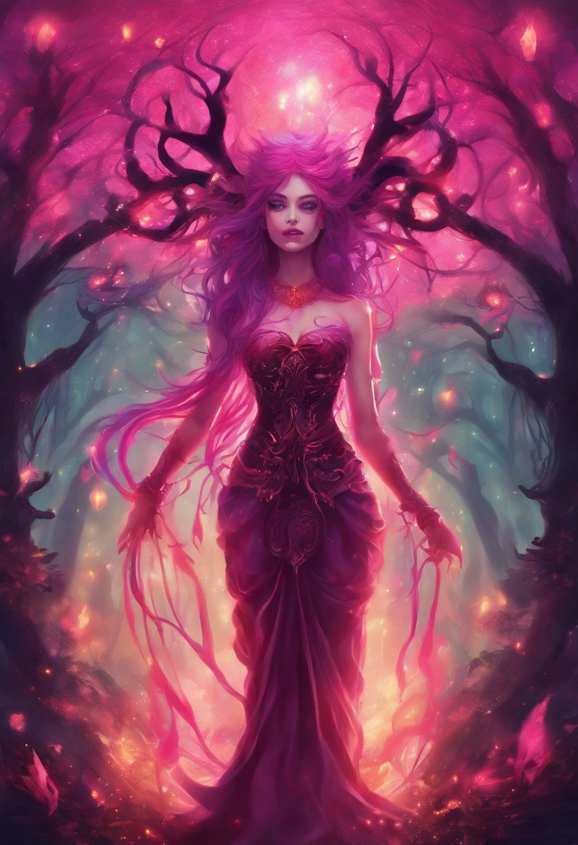 (a pink-haired demon woman,spells:1.1,glowing:1.1)(illustration)(best quality,ultra-detailed,realistic:1.37),demonic witch(demonic:1.1)(magic:1.1)(forest)(dark and mysterious,ominous atmosphere),casting powerful spells,creating magical energy(magic:1.1),vibrant pink hair(swirling pink hair)(flowing pink hair),horns(devil horns:1.1),piercing red eyes,enchanted scepter(magical scepter),elaborate dark robe,glowing magical sigils,fiery embers swirling(magical embers:1.1)(glowing embers),magical aura(glowing aura),eerie shadows,otherworldly presence(presence),sinister smile,nightfall in the background(dark night:1.1)(moonlit forest),lush and dense foliage(twisted trees)(mystical plants:1.1),mystical particles(swirling particles)(floating particles),ethereal glow(ethereal:1.1)(soft glow),faint moonlight breaking through the trees,haunting and captivating(scary atmosphere),bewitching beauty,wide range of colors(vivid colors)(contrasting colors),mystical realm,impressive details,dynamic composition,mesmerizing artwork,photorealistic style(picasso style),impressive shading and lighting,explosive energy,magical atmosphere(fantasy atmosphere),dreamlike scene