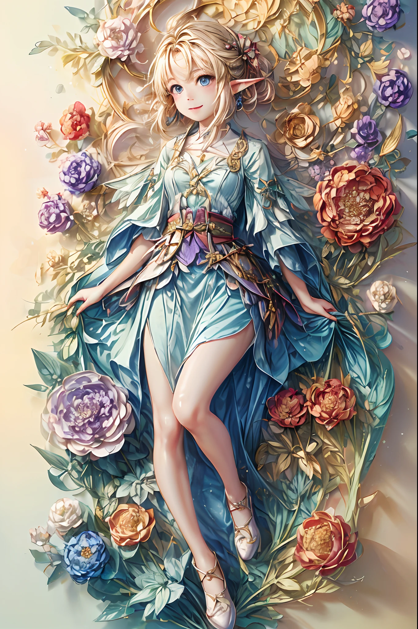 ((tmasterpiece)),Welcome to the fantasy of unknown lands,(A female elf will guide you,anatomy correct,Accurate and perfect face of European and American cartoon girl),Laugh happily,Beautiful girl with a sense of transparency,beautiful fairie,Small ears,Fly around,kaleidoscopic,Among the thousands of purple and red flowers,(Magic wand in hand),digital illustrations,复杂,Uptrend,pastel colour,oil painted,award winning photography,Bokeh,depth of fields,hdr,blooms,color difference,真实感,The is very detailed,trends in art station,CGSociety trends,复杂,high detal