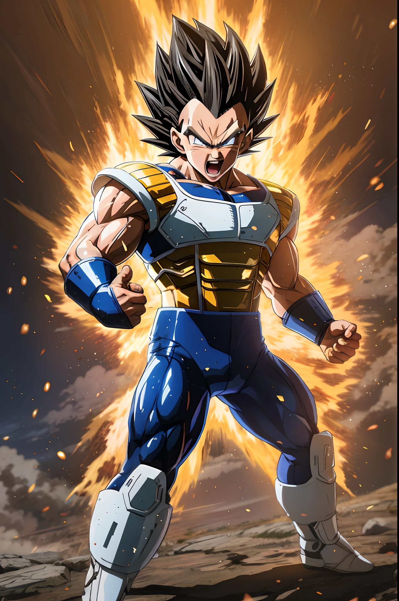 Dragon Ball Gohan in action with a fireball in the background, Vegeta, Arte da sede, prince vegeta, arte chave, Arte Oficial, Arte HD, arte oficial, arte oficial altamente detalhada, arte oficial do anime, Armadura Saiyajin, with vegeta head hair, Arte Oficial HDR, fan art, papel de parede hd, arte oficial splash, Super Saiyajin