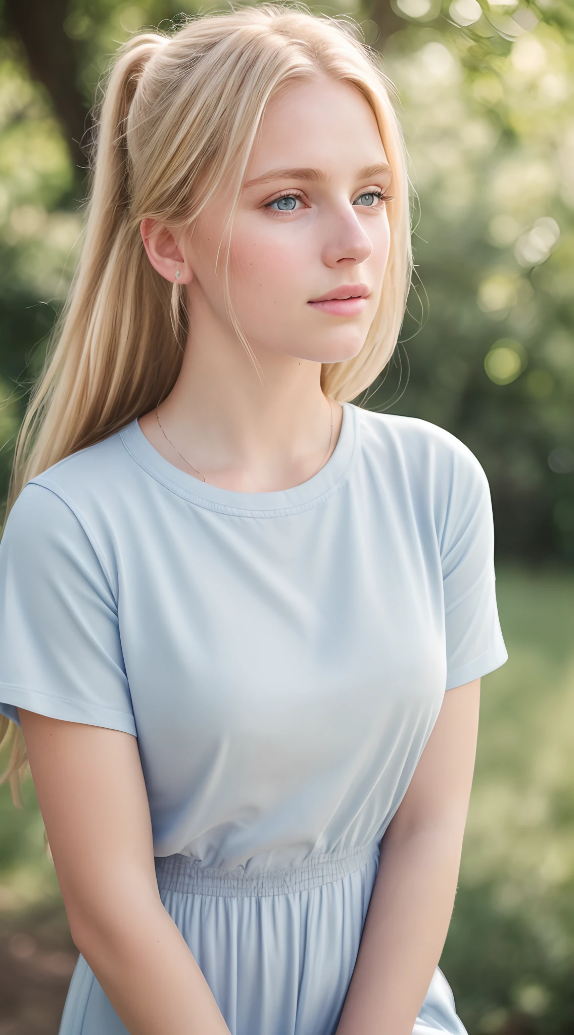 angel, armor gold , young blonde woman,beautiful blonde woman dress blue, (masterpiece, best quality, high resolution:1.4), 1girl, angel, skin pores texture, Hair blonde, pony tail,HD , Photography, movie, cinematic, full Body, Realistic, (8k, RAW photo, best quality, masterpiece:1.2), (realistic, photo-realistic:1.33), best quality, detailed eyes blue, cute,natural lighting, depth of field, film grain, wrinkled skin, sharp, detailed and realistic portrait of a woman ,(freckles:0.5) , outside, wearing a blue t shirt, staring at camera, chapped lips, soft natural lighting, portrait photography, magical photography, dramatic lighting, photo realism, ultra-detailed, intimate portrait composition, Leica 50mm,