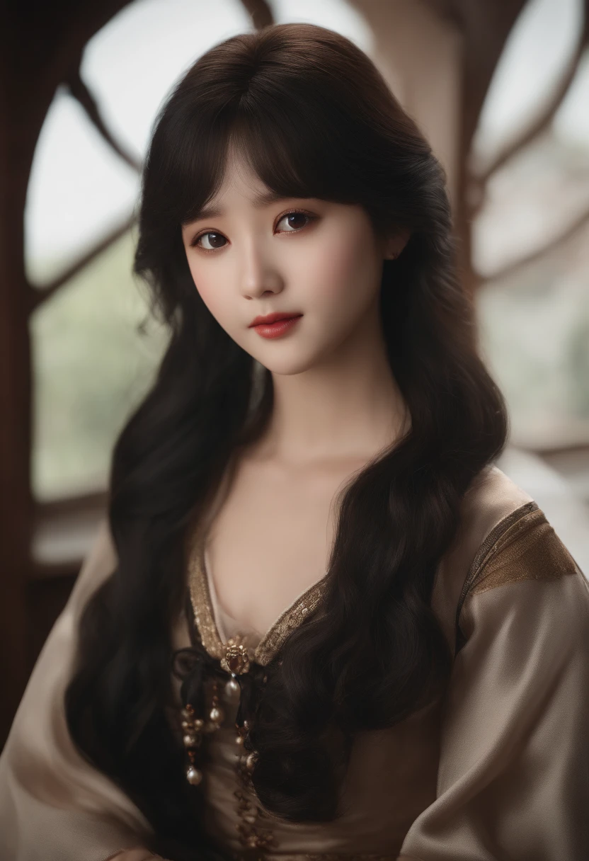 (ultra-realistic realism)、(illustratio)、(A high resolution)、(8K)、(The is very detailed)、(Best Illustration)、(Beautifully detailed eyes)、(top-quality)、(ultra - detailed)、(tmasterpiece)、(the wallpaper)、(A detailed face)、独奏、1 girl in、looking at viewert、finedetail、A detailed face、in the darkness nigth、deep shading、low tune、pureerosfaceace_V1、A smile、Long、Black shawl straight hair、46-point diagonal bangs, (swim wears)(Rounded chest)The view of the castle、、Stand against the wall