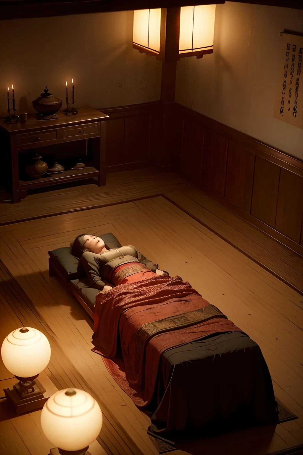 Ancient Chinese room,dead bodies in the background,the night,Dark oil lamp,film still from horror movie,The body is resurrected,in this ominous scene,video still,film still from horror movie,still image from tv series