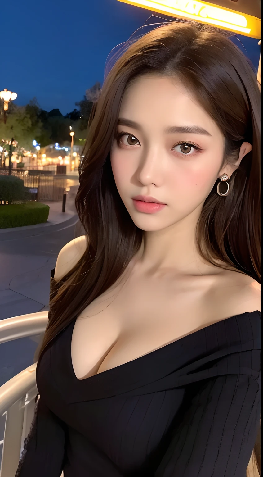 ((Night Scene, Realistic Light, Best Quality, 8k, Masterpiece: 1.3)), 1 Girl, Slim Body Beauty: 1.4, Brown Hair, (Big: 1.3), Off Shoulder Cut Top: 1.3, Ultra Detailed Face, Detailed Eyes, Double Eyelids, Disneyland, Roller Coaster, Cleavage
