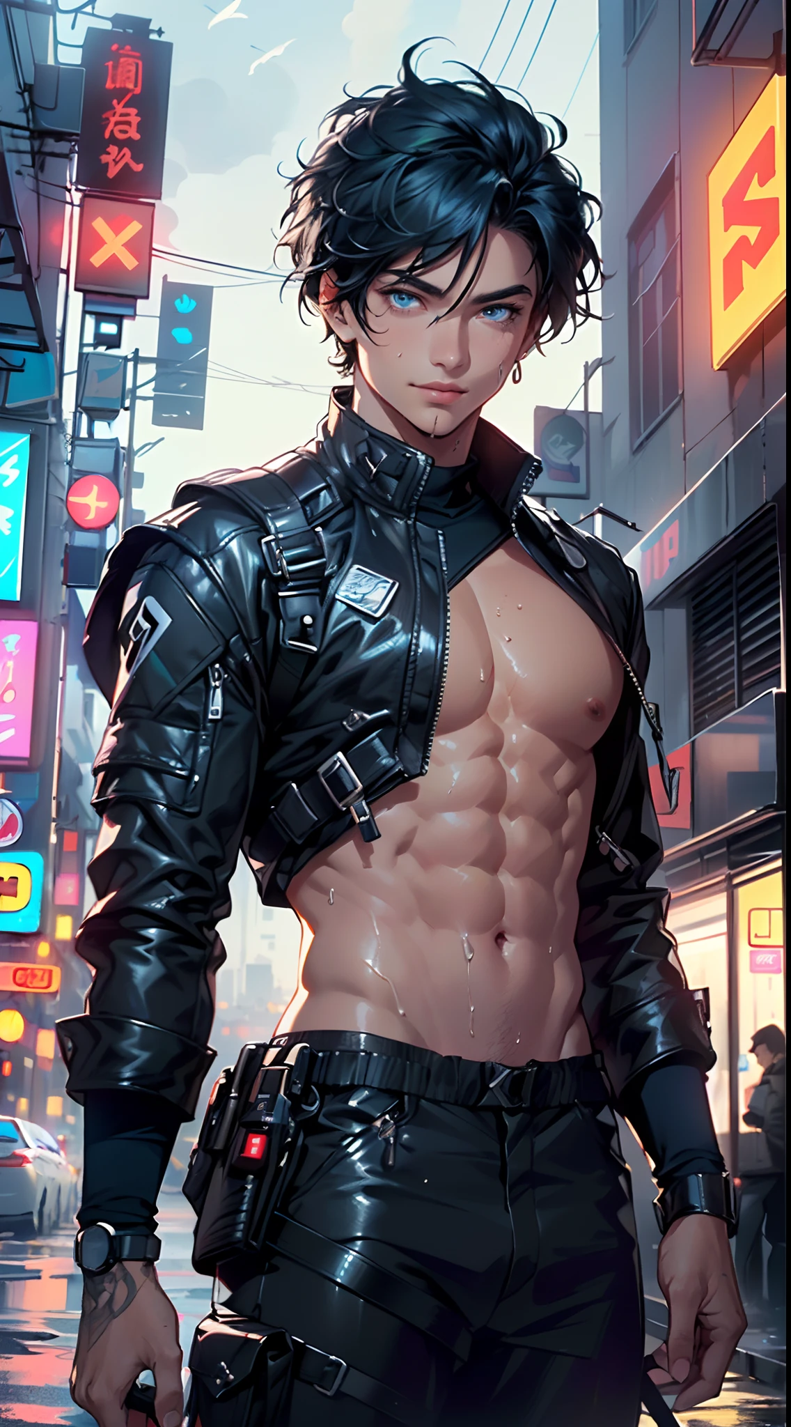 man:1.5,1 man,bounty hunter man,(((1man))),((man)),

(((1male,man:1.5,handsome man,male,male gender:1.5,male focus))),macho man,

((medium black hair,disheveled hair,blue hair,black hair,two-tone hair)),(((lustrous skin:1.5,tanned skin,bright skin: 1.5,skin tanned,shiny skin,very shiny skin,shiny body,illuminated skin))),(((blue_eyes:1.2))),intricate eyes,beautiful detailed eyes,symmetrical eyes,man chest,handsome face,((muscular,hairy body,muscular man)),(((detailed face))),

alluring look,nsfw,

bounty hunter pants,((bulge in pants)),((bounty hunter outfit)),(wearing a bounty hunter outfit:1.3,bounty hunter clothes),((wet clothes,intricate outfit,intricate clothes)),

(dynamic pose:1.0),solo focus,((evil smile,evil look)),(centered,scale to fit dimensions,Rule of thirds),

cyberpunk city by the ocean at night, with bright neon signs and dark stormy clouds and puddles, scenery:1.25,

highres, sharp focus, (ultra detailed, extremely detailed), (photorealistic artwork:1.37),(extremely detailed CG unity 8k wallpaper),((synthwave background theme)),(((vibrant colors))),(intricate background),(masterpiece),(best quality),