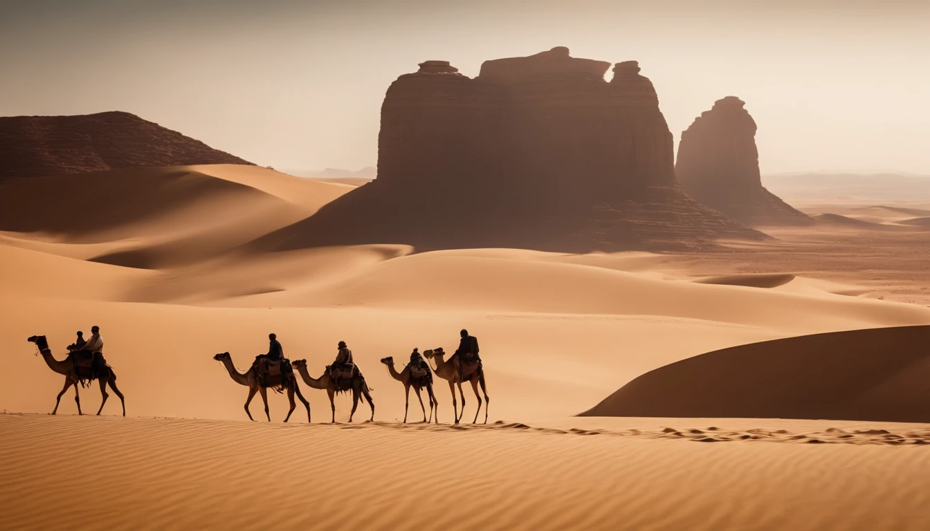 The art of horror drama, Alien universe,Barren desert,Luxury architecture in the distance,Camel caravan