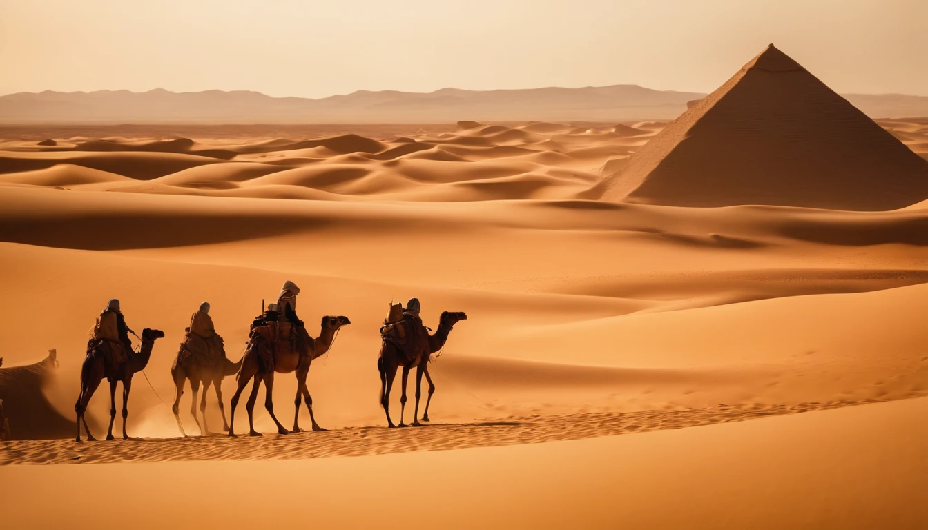 The art of horror drama, Alien universe,Barren desert,Luxury architecture in the distance,Camel caravan