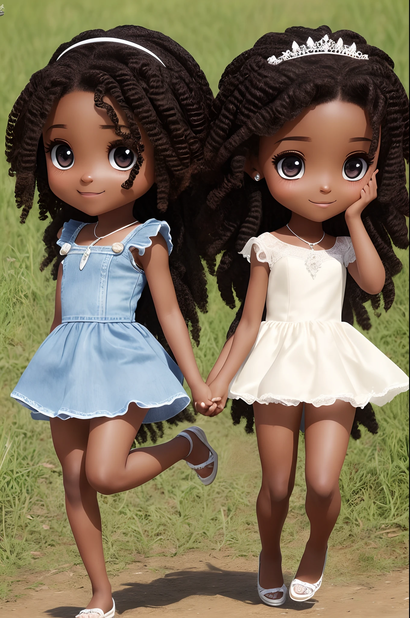 chibi Twins african children dark brown skin:5, (full body), (((happy and jumping))), hands in hair, dando tchau, realistic shadows, olhos cintilantes, detailed skin, slightly sparkling black eyes, long curly black hair, rapunzel style, very detailed, highly detailed 8k face, perfect face shape, full and perfect lips, perfect nose, eyes beautiful correct, observant, wedding dress:3.45, hair flowers, masterpiece, best quality, single, jeans, alone, chibi