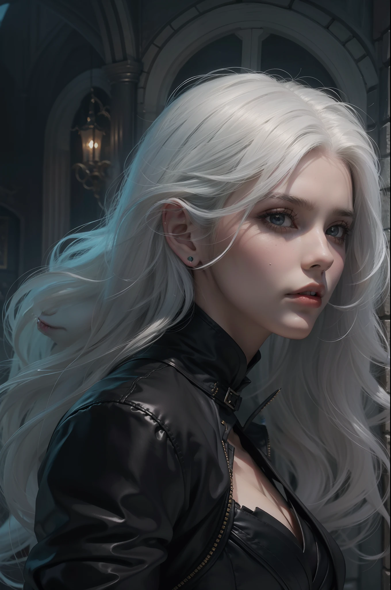 Mulher que lembra a Ciri de The Wicther, com longos cabelos brancos e olhos azuis brilhantes, she's wearing a black suit, seus cabelos chicoteando seu rosto com o vento, ao fundo uma cena com o castelo do  Dracula ao fundo