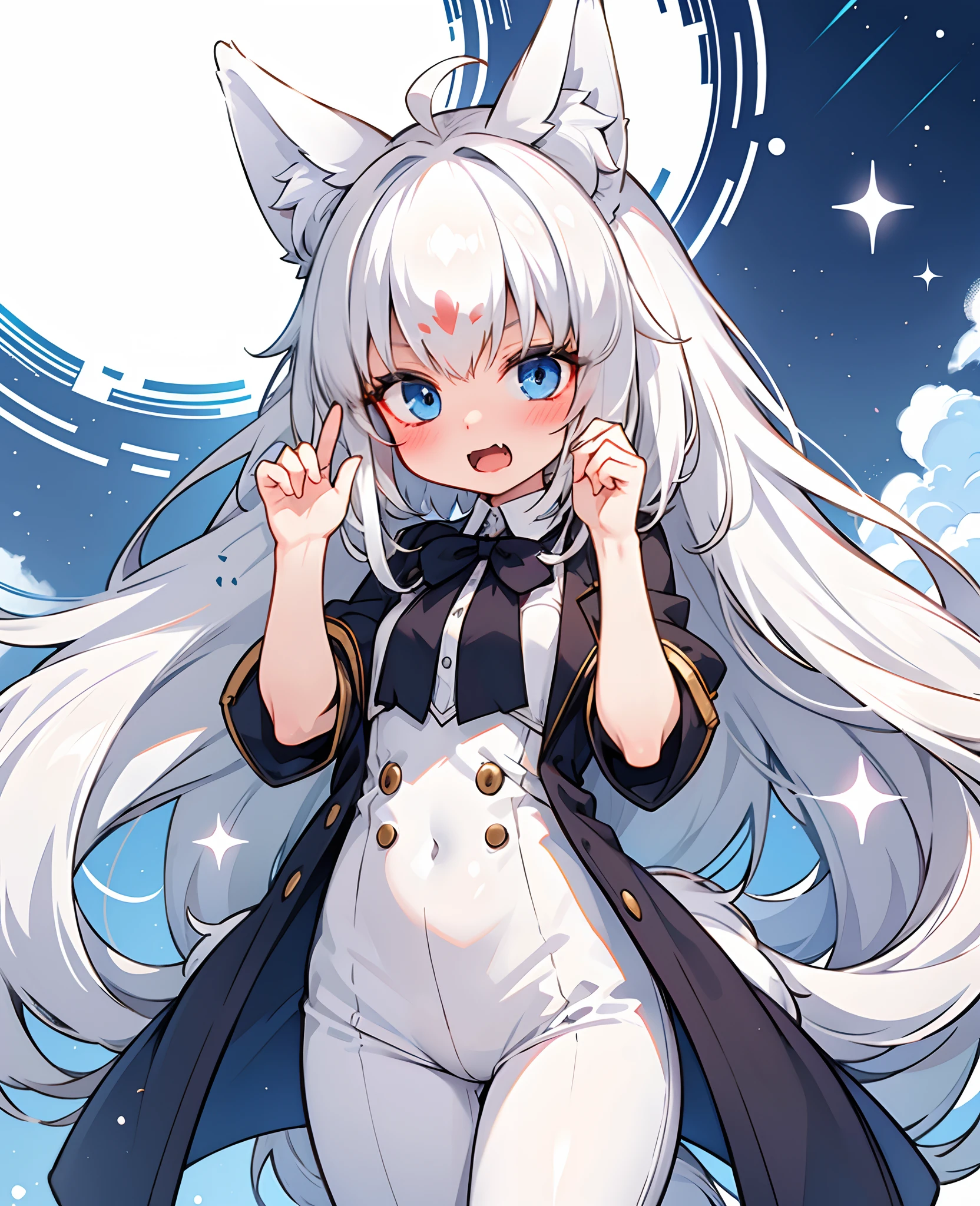 yukino, long hair, fox ears, fox tail, short eyebrows,, highres. detailed. masterpiece. best quality. clear image. hd. 8k image. light particles. intricate details. 1girl. solo. fluffy tail grows from the coccyx. with fluffy ears. belle. young. toned body. graceful. ((slender. slim. skinny)). ((cute)). long hair. , embarrassed. shy. blushes. plaintive face. slightly open mouth. fang, White hair, full pop outfit, pants and shirt