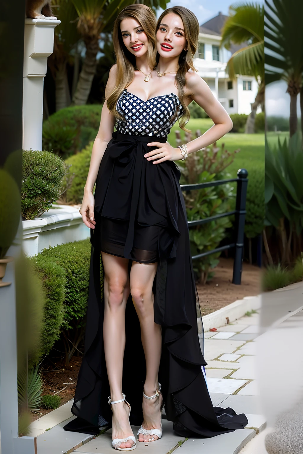 wwm,full body, shot from below, ,18 years old,perfect waist to hip ratio,(2heads), blonde, Argentinian, brunette, blonde, beautiful face, detailed skin, mouth open, little black and white checkered dress, at a Country club with dogs