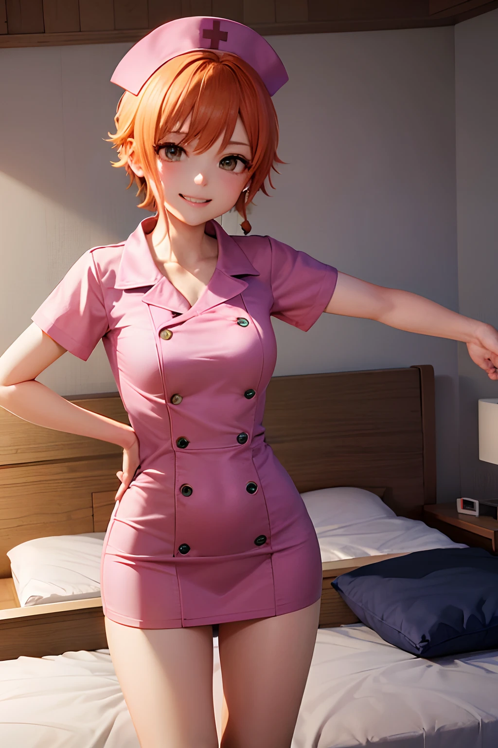 Hi-Res、Nami (onepiece)、masuter piece、top-quality、hight resolution、Adult woman 、独奏、alone、grinning evily、evil smile、Evil plan、Orange hair、Pink nurse clothes、shorth hair、Brown-eyed、a miniskirt、darkened room、a bed