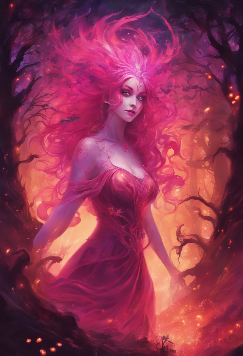 (a pink-haired demon woman,spells:1.1,glowing:1.1)(illustration)(best quality,ultra-detailed,realistic:1.37),demonic witch(demonic:1.1)(magic:1.1)(forest)(dark and mysterious,ominous atmosphere),casting powerful spells,creating magical energy(magic:1.1),vibrant pink hair(swirling pink hair)(flowing pink hair),horns(devil horns:1.1),piercing red eyes,enchanted scepter(magical scepter),elaborate dark robe,glowing magical sigils,fiery embers swirling(magical embers:1.1)(glowing embers),magical aura(glowing aura),eerie shadows,otherworldly presence(presence),sinister smile,nightfall in the background(dark night:1.1)(moonlit forest),lush and dense foliage(twisted trees)(mystical plants:1.1),mystical particles(swirling particles)(floating particles),ethereal glow(ethereal:1.1)(soft glow),faint moonlight breaking through the trees,haunting and captivating(scary atmosphere),bewitching beauty,wide range of colors(vivid colors)(contrasting colors),mystical realm,impressive details,dynamic composition,mesmerizing artwork,photorealistic style(picasso style),impressive shading and lighting,explosive energy,magical atmosphere(fantasy atmosphere),dreamlike scene