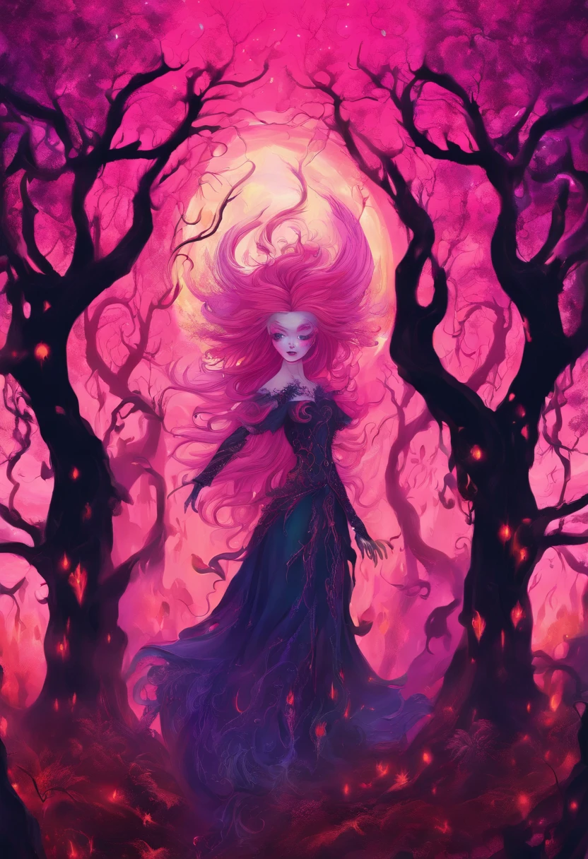 (a pink-haired demon woman,spells:1.1,glowing:1.1)(illustration)(best quality,ultra-detailed,realistic:1.37),demonic witch(demonic:1.1)(magic:1.1)(forest)(dark and mysterious,ominous atmosphere),casting powerful spells,creating magical energy(magic:1.1),vibrant pink hair(swirling pink hair)(flowing pink hair),horns(devil horns:1.1),piercing red eyes,enchanted scepter(magical scepter),elaborate dark robe,glowing magical sigils,fiery embers swirling(magical embers:1.1)(glowing embers),magical aura(glowing aura),eerie shadows,otherworldly presence(presence),sinister smile,nightfall in the background(dark night:1.1)(moonlit forest),lush and dense foliage(twisted trees)(mystical plants:1.1),mystical particles(swirling particles)(floating particles),ethereal glow(ethereal:1.1)(soft glow),faint moonlight breaking through the trees,haunting and captivating(scary atmosphere),bewitching beauty,wide range of colors(vivid colors)(contrasting colors),mystical realm,impressive details,dynamic composition,mesmerizing artwork,photorealistic style(picasso style),impressive shading and lighting,explosive energy,magical atmosphere(fantasy atmosphere),dreamlike scene