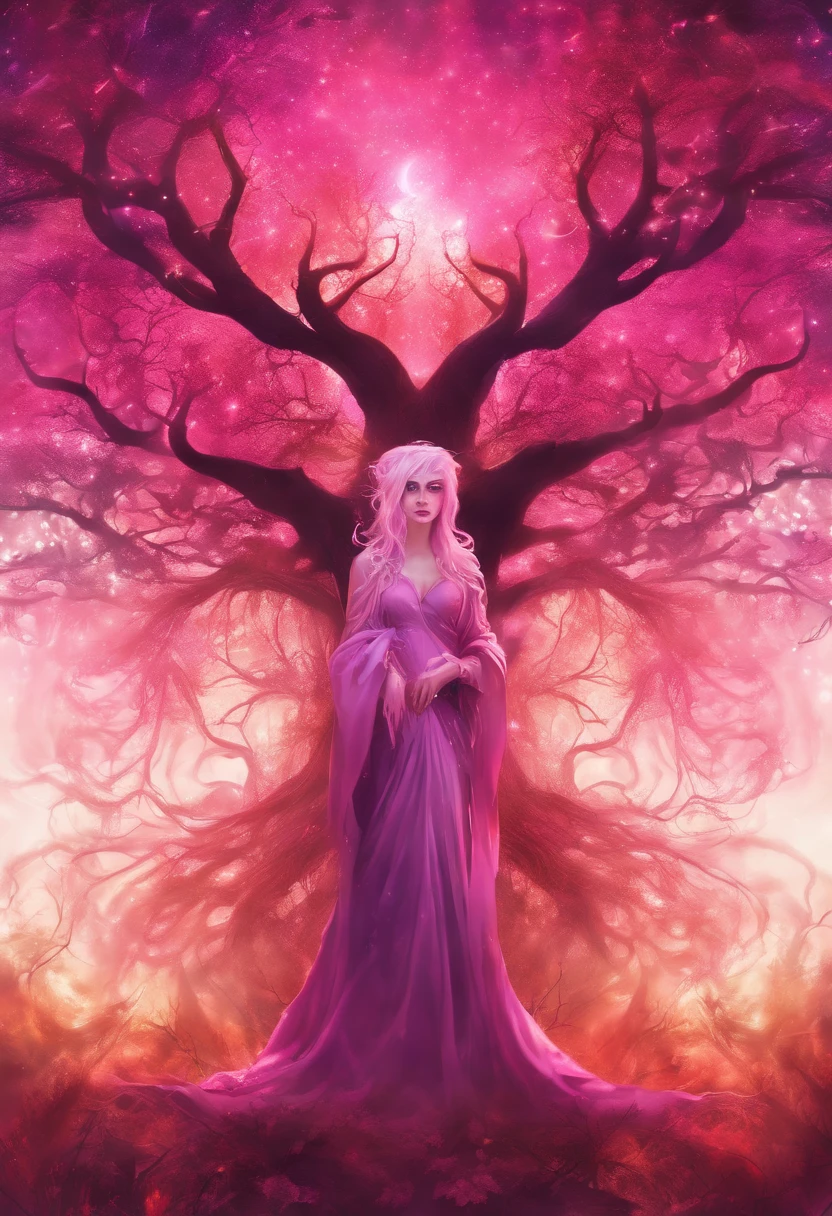 (a pink-haired demon woman,spells:1.1,glowing:1.1)(illustration)(best quality,ultra-detailed,realistic:1.37),demonic witch(demonic:1.1)(magic:1.1)(forest)(dark and mysterious,ominous atmosphere),casting powerful spells,creating magical energy(magic:1.1),vibrant pink hair(swirling pink hair)(flowing pink hair),horns(devil horns:1.1),piercing red eyes,enchanted scepter(magical scepter),elaborate dark robe,glowing magical sigils,fiery embers swirling(magical embers:1.1)(glowing embers),magical aura(glowing aura),eerie shadows,otherworldly presence(presence),sinister smile,nightfall in the background(dark night:1.1)(moonlit forest),lush and dense foliage(twisted trees)(mystical plants:1.1),mystical particles(swirling particles)(floating particles),ethereal glow(ethereal:1.1)(soft glow),faint moonlight breaking through the trees,haunting and captivating(scary atmosphere),bewitching beauty,wide range of colors(vivid colors)(contrasting colors),mystical realm,impressive details,dynamic composition,mesmerizing artwork,photorealistic style(picasso style),impressive shading and lighting,explosive energy,magical atmosphere(fantasy atmosphere),dreamlike scene