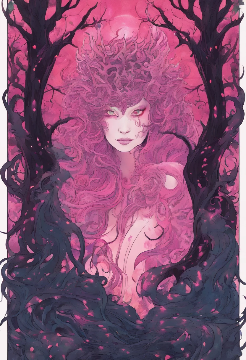 (a pink-haired demon woman,spells:1.1,glowing:1.1)(illustration)(best quality,ultra-detailed,realistic:1.37),demonic witch(demonic:1.1)(magic:1.1)(forest)(dark and mysterious,ominous atmosphere),casting powerful spells,creating magical energy(magic:1.1),vibrant pink hair(swirling pink hair)(flowing pink hair),horns(devil horns:1.1),piercing red eyes,enchanted scepter(magical scepter),elaborate dark robe,glowing magical sigils,fiery embers swirling(magical embers:1.1)(glowing embers),magical aura(glowing aura),eerie shadows,otherworldly presence(presence),sinister smile,nightfall in the background(dark night:1.1)(moonlit forest),lush and dense foliage(twisted trees)(mystical plants:1.1),mystical particles(swirling particles)(floating particles),ethereal glow(ethereal:1.1)(soft glow),faint moonlight breaking through the trees,haunting and captivating(scary atmosphere),bewitching beauty,wide range of colors(vivid colors)(contrasting colors),mystical realm,impressive details,dynamic composition,mesmerizing artwork,photorealistic style(picasso style),impressive shading and lighting,explosive energy,magical atmosphere(fantasy atmosphere),dreamlike scene