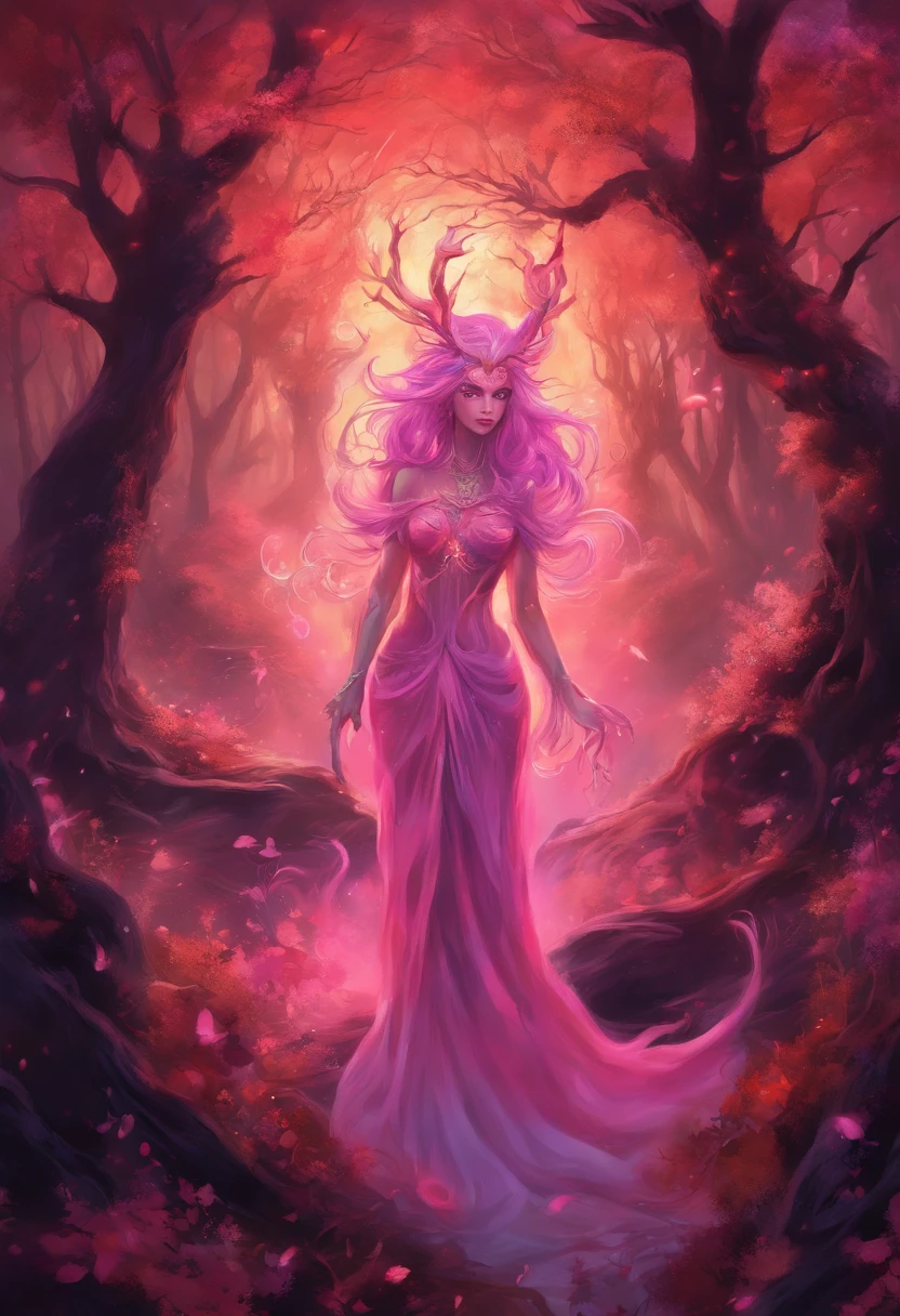 (a pink-haired demon woman,spells:1.1,glowing:1.1)(illustration)(best quality,ultra-detailed,realistic:1.37),demonic witch(demonic:1.1)(magic:1.1)(forest)(dark and mysterious,ominous atmosphere),casting powerful spells,creating magical energy(magic:1.1),vibrant pink hair(swirling pink hair)(flowing pink hair),horns(devil horns:1.1),piercing red eyes,enchanted scepter(magical scepter),elaborate dark robe,glowing magical sigils,fiery embers swirling(magical embers:1.1)(glowing embers),magical aura(glowing aura),eerie shadows,otherworldly presence(presence),sinister smile,nightfall in the background(dark night:1.1)(moonlit forest),lush and dense foliage(twisted trees)(mystical plants:1.1),mystical particles(swirling particles)(floating particles),ethereal glow(ethereal:1.1)(soft glow),faint moonlight breaking through the trees,haunting and captivating(scary atmosphere),bewitching beauty,wide range of colors(vivid colors)(contrasting colors),mystical realm,impressive details,dynamic composition,mesmerizing artwork,photorealistic style(picasso style),impressive shading and lighting,explosive energy,magical atmosphere(fantasy atmosphere),dreamlike scene