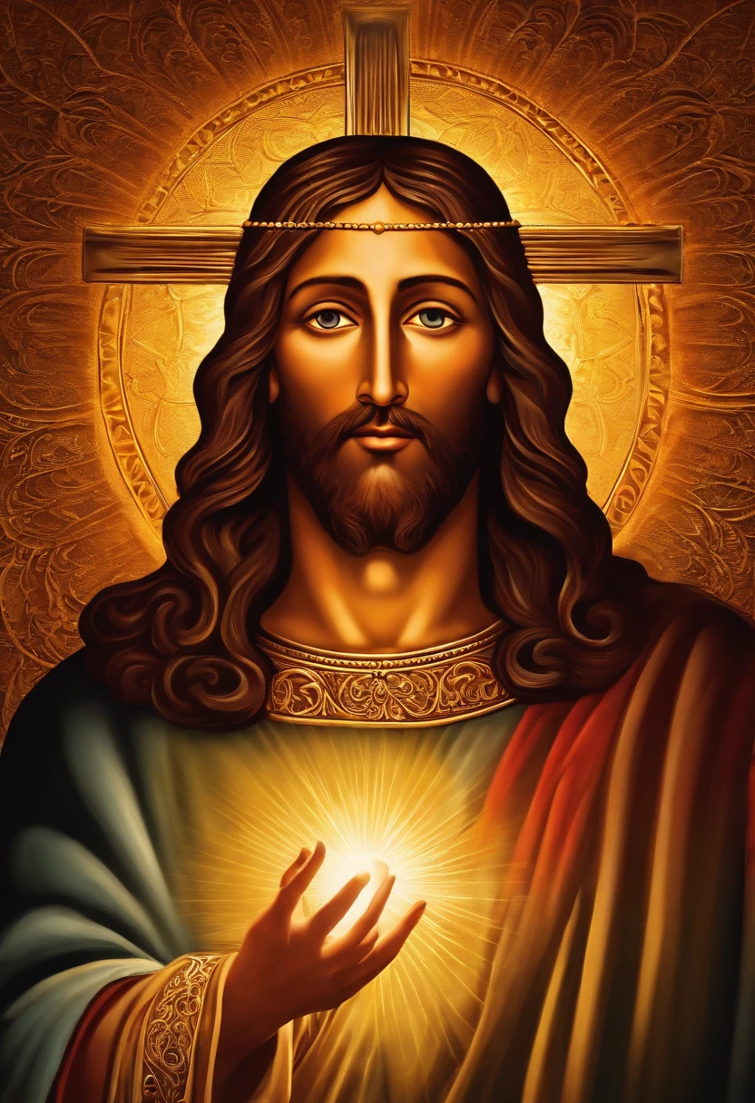 Crie uma imagem de Jesus com uma coroa, mas sem mostrar seu rosto. Use symbolic elements, like outstretched hands or an aura of light, para representar sua divindade e poder.