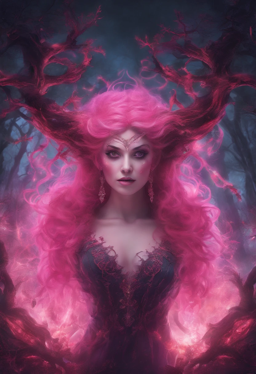 (a pink-haired demon woman,spells:1.1,glowing:1.1)(illustration)(best quality,ultra-detailed,realistic:1.37),demonic witch(demonic:1.1)(magic:1.1)(forest)(dark and mysterious,ominous atmosphere),casting powerful spells,creating magical energy(magic:1.1),vibrant pink hair(swirling pink hair)(flowing pink hair),horns(devil horns:1.1),piercing red eyes,enchanted scepter(magical scepter),elaborate dark robe,glowing magical sigils,fiery embers swirling(magical embers:1.1)(glowing embers),magical aura(glowing aura),eerie shadows,otherworldly presence(presence),sinister smile,nightfall in the background(dark night:1.1)(moonlit forest),lush and dense foliage(twisted trees)(mystical plants:1.1),mystical particles(swirling particles)(floating particles),ethereal glow(ethereal:1.1)(soft glow),faint moonlight breaking through the trees,haunting and captivating(scary atmosphere),bewitching beauty,wide range of colors(vivid colors)(contrasting colors),mystical realm,impressive details,dynamic composition,mesmerizing artwork,photorealistic style(picasso style),impressive shading and lighting,explosive energy,magical atmosphere(fantasy atmosphere),dreamlike scene