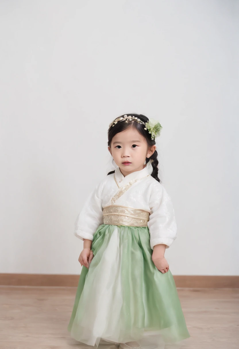 a georgia baby girl, (3 year old:1.8), solo, (full body:1.5), (translucent skin:1.1), (snow white skin:1.1), model posture, hanfu, 
ming style, white short shirt, green bow tie, the hem is tied in the skirt, mamian skirt, (light green short skirt:1.2), not knee-length skirt, embroidery, woven gold, makeup flower, white Mary Jane shoes, 
(white background:1.2), simple background, photo taken with fujifilm superia, style by Andreas Achenbach, 
in the style of hyper-realistic portraiture, machine age aesthetics, chinapunk, decadent beauty, close up, majismo, 
dslr, 8k, 4k, ultrarealistic, realistic, natural skin, textured skin