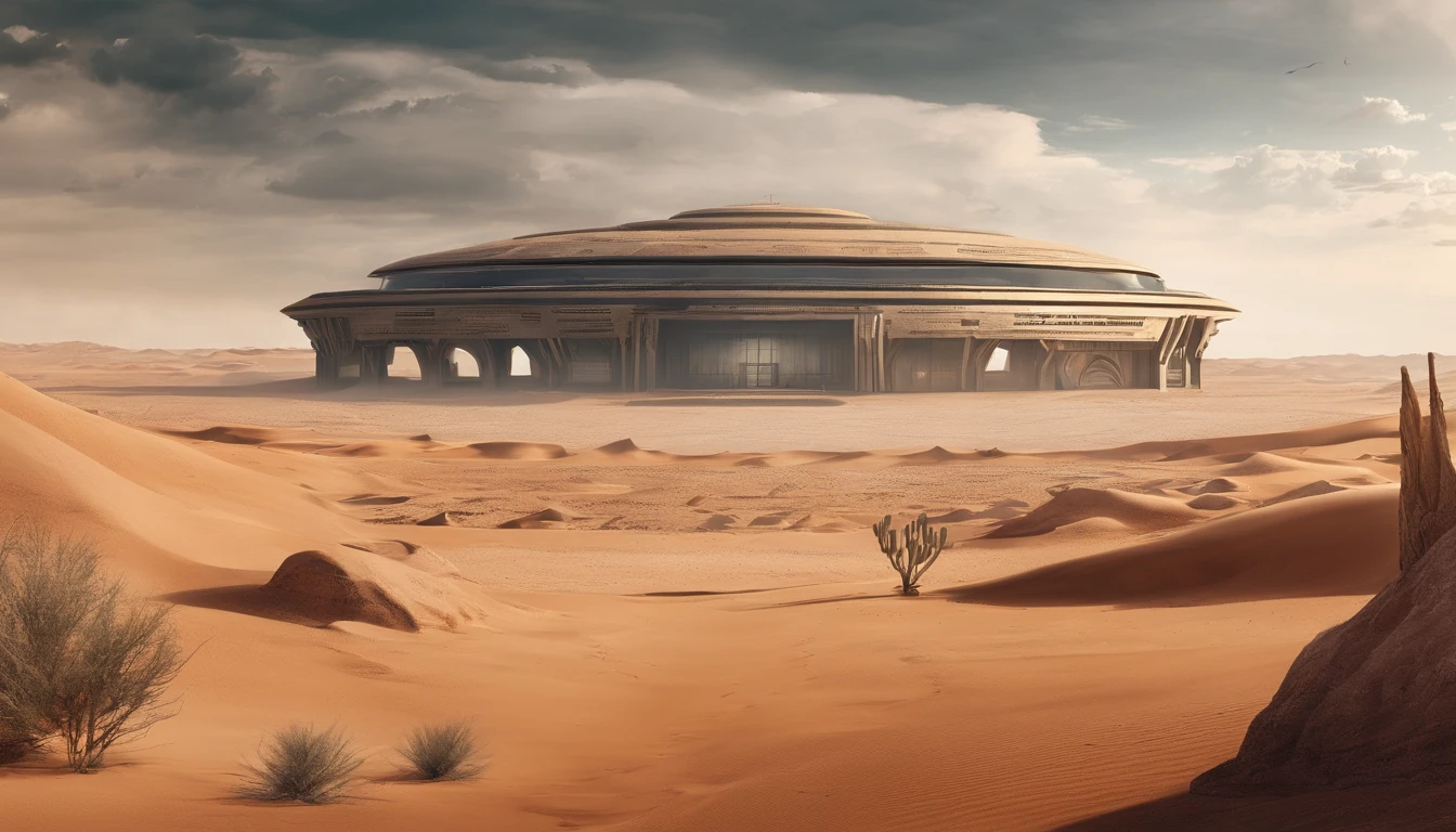 The art of horror drama, Alien universe,Barren desert,Luxurious building in the distance,Huge planet