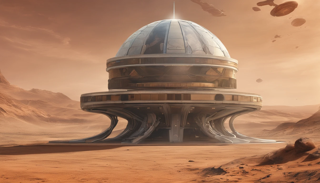 The art of horror drama, Alien universe,Barren desert,Luxurious building in the distance,Huge planet