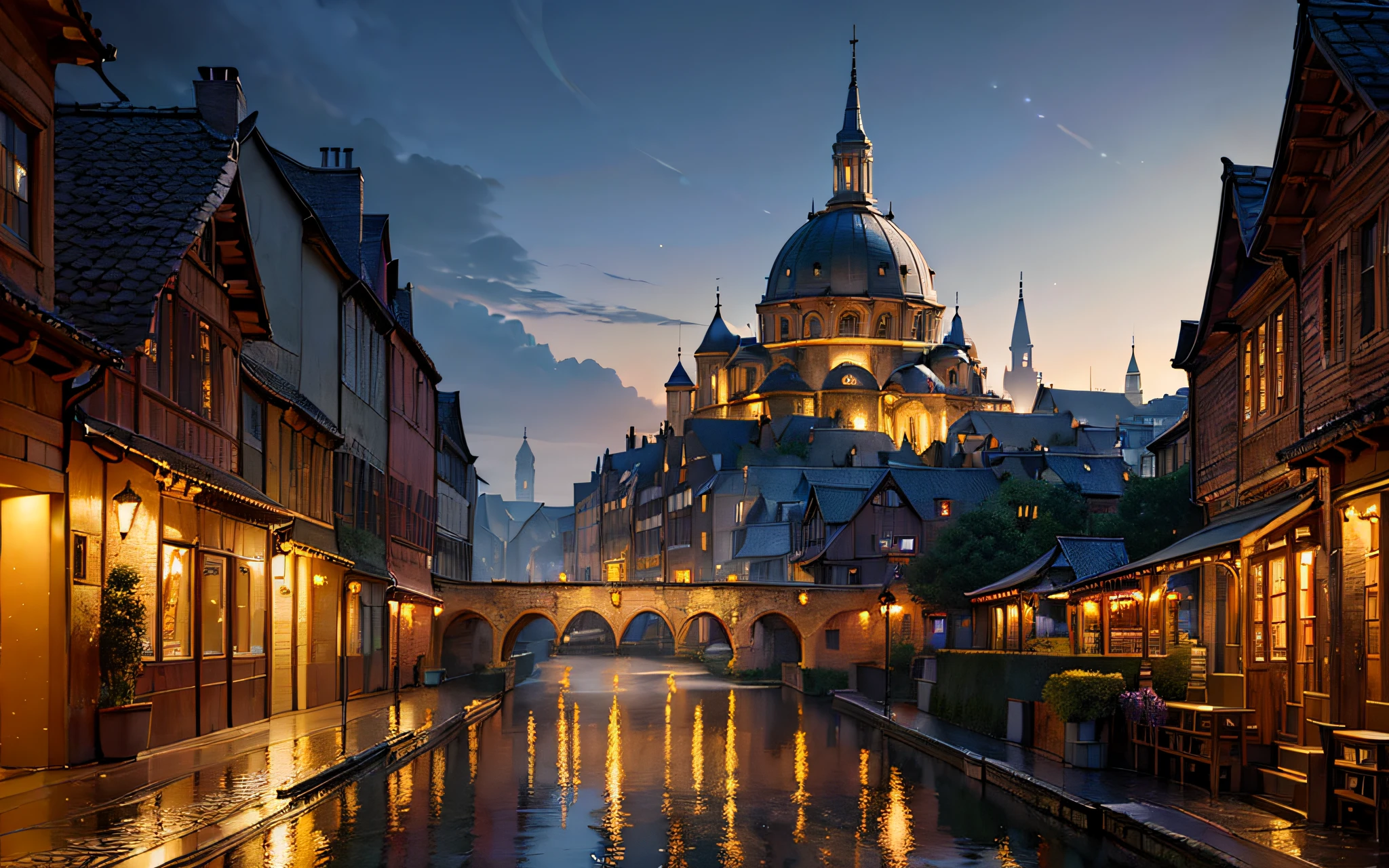 (masterpiece:1.3), (best quality:1.3), Ultra high Res, absurd quality, photography, atmospheric perspective, canvas painting, cinematic, very detailed illustration, dark theme, wide range shot, detailed background, depth of field, Illustrate the Doughty ancient city, night, firefly lights, rich in detail, medieval, fantasy, city view, a sense of history and intrigue, surrounded by houses