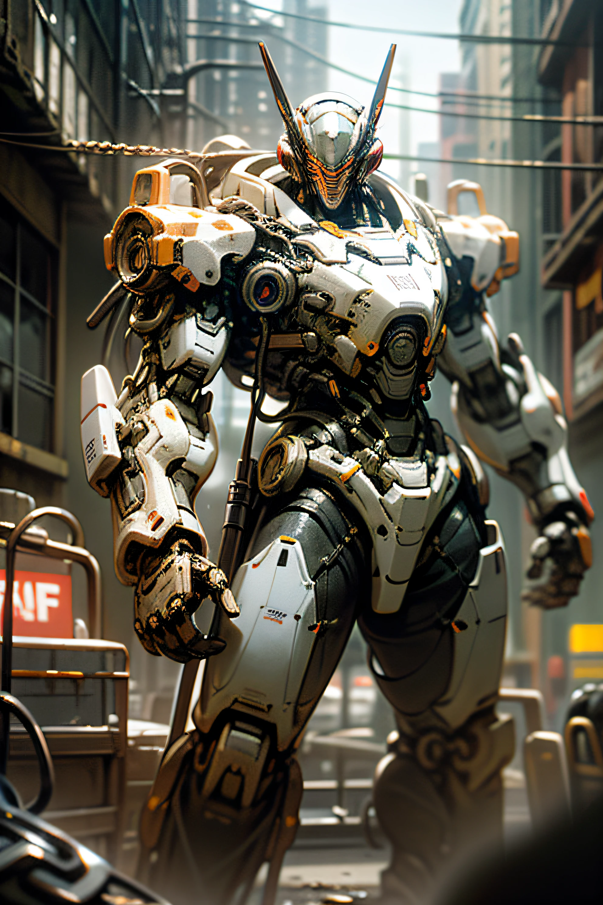 Blockbuster，tmasterpiece，super detailing，Dark_fantasy,Cyberpunk,(Chainsaw,chainsawman,Red:1.1),1人,Mechanical Wonder,Robotic presence,cybernetic guardians,wearing a worn-out mech suit，iintricate，（Steel metal[rusted]），ellegance，Clear focus，Photo by Greg Rutkowski，gentlesoftlighting，vivd colour，tmasterpiece，（（the street）），cow boy shot，dynamicposes，8K，Wallpapers，超高分辨率