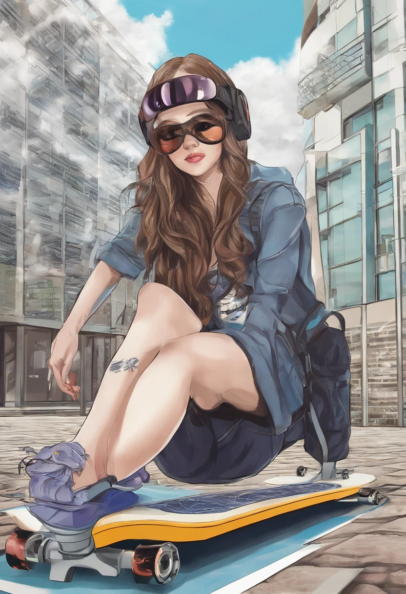 The school building is the backdrop，exterior，playground，The sky is flying（（UAVs）），Below is a person sitting in front of a drawing board drawing，Supporting Rack，With your back to the frame, you can see what is drawn on the skateboard，（In the drawing board is a girl holding a camera with VR glasses）