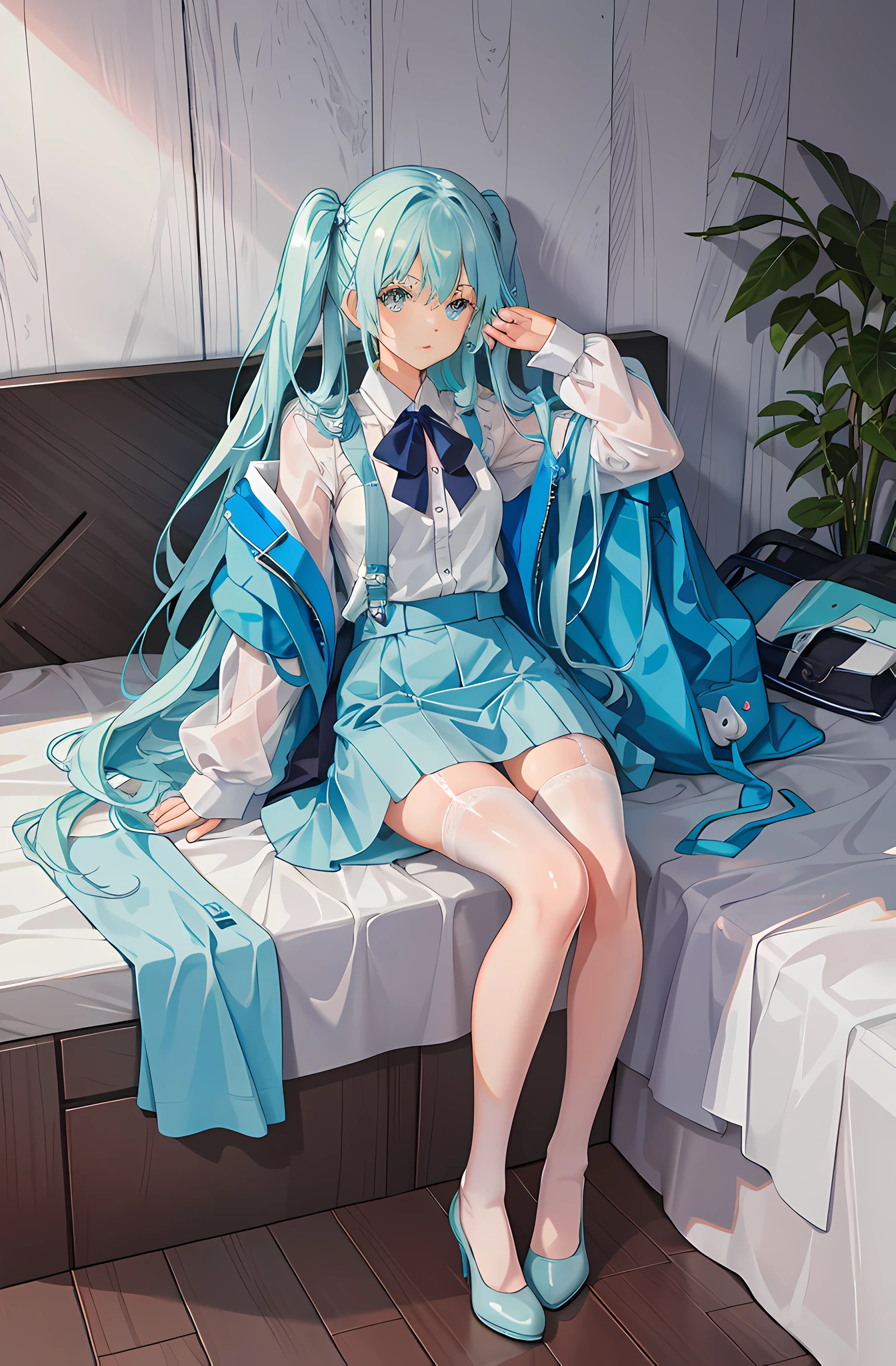 ahegao, Hatsune Miku, Sexy, pleated dress, bed,lying down,half naked,sleep,Spread your legs,White liquid on the chest,