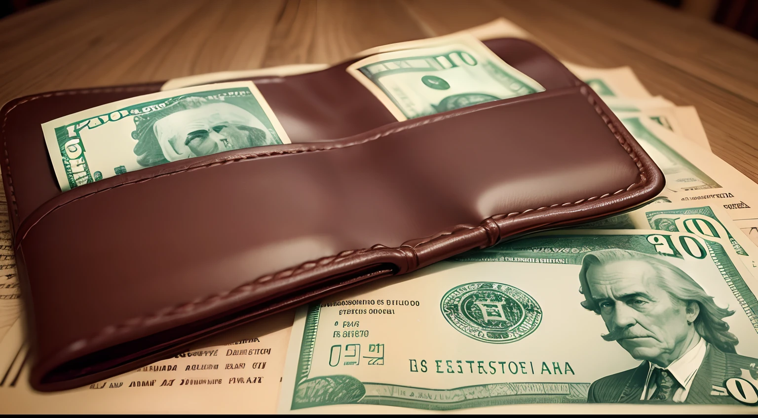 enfoque a una billetera, with several dollars inside, encima de una mesa