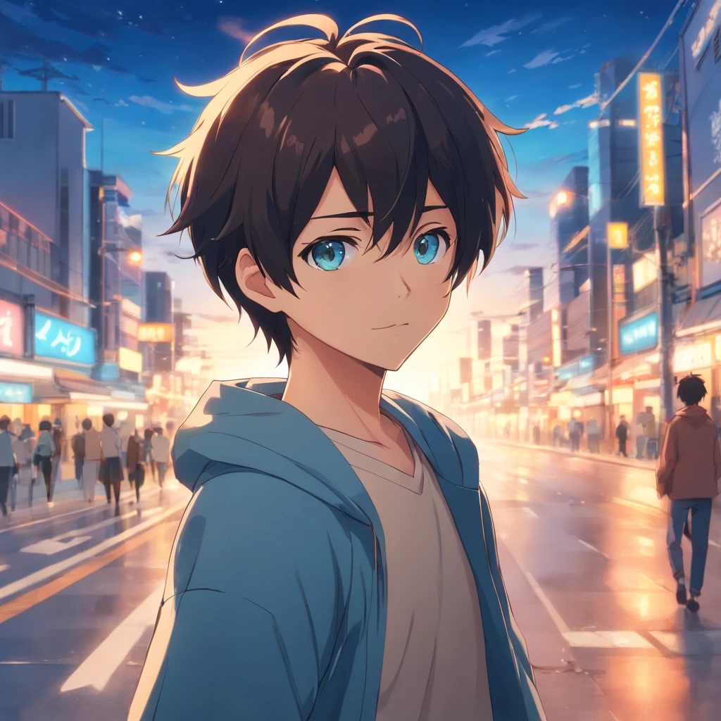 menino anime com cabelo preto e olhos azuis sentado, anime moe artstyle, menino anime, 2 d estilo anime, jovem homem de anime, personagem estilo anime, em estilo anime, anime estilizado, sombreamento estilo anime plano, estilo anime masculino, retrato estilo anime, cara de anime alto com olhos azuis, estilo anime plano, em estilo anime, arte anime de alta qualidade, Olhando para o ceu de costa
