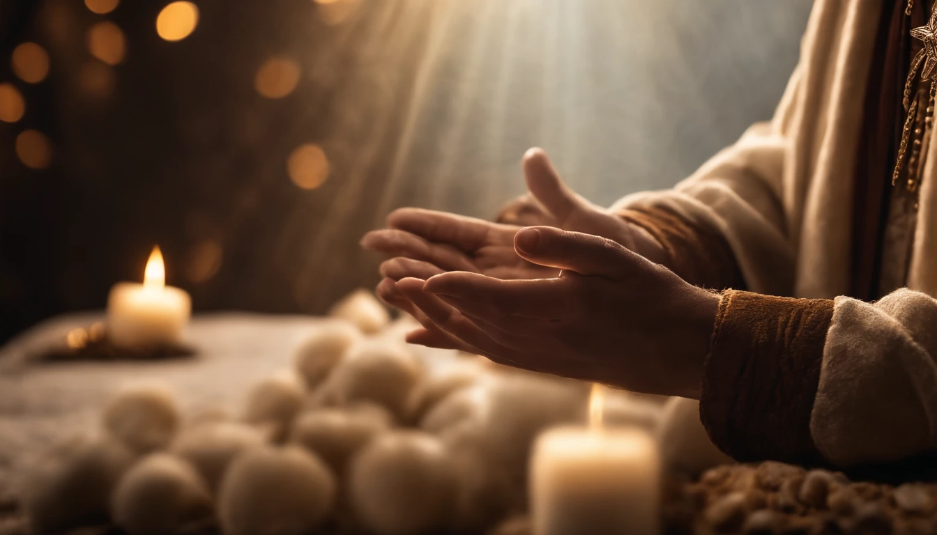 Crie uma imagem de Jesus com uma coroa, mas sem mostrar seu rosto. Use symbolic elements, like outstretched hands or an aura of light, para representar sua divindade e poder.