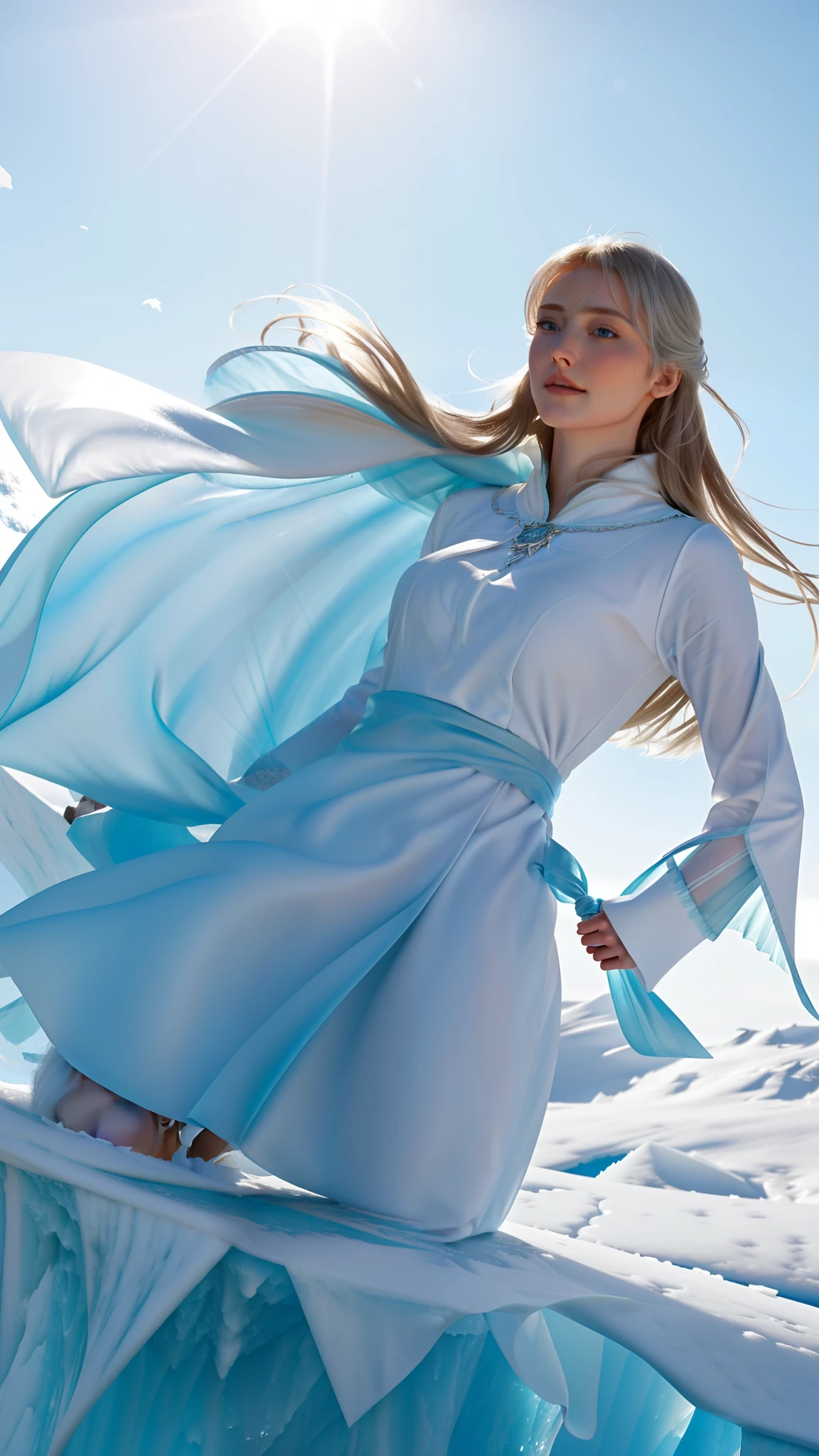 Elsa stood at the top of the iceberg, staring into the distance. The wind blew through his hair, and his robes fluttered about. His sharp blue eyes glinted in the sunlight. make sure to capture Elsa's signature facial expressions. She usually looks graceful, regal, and happy.(8k)(realistic)