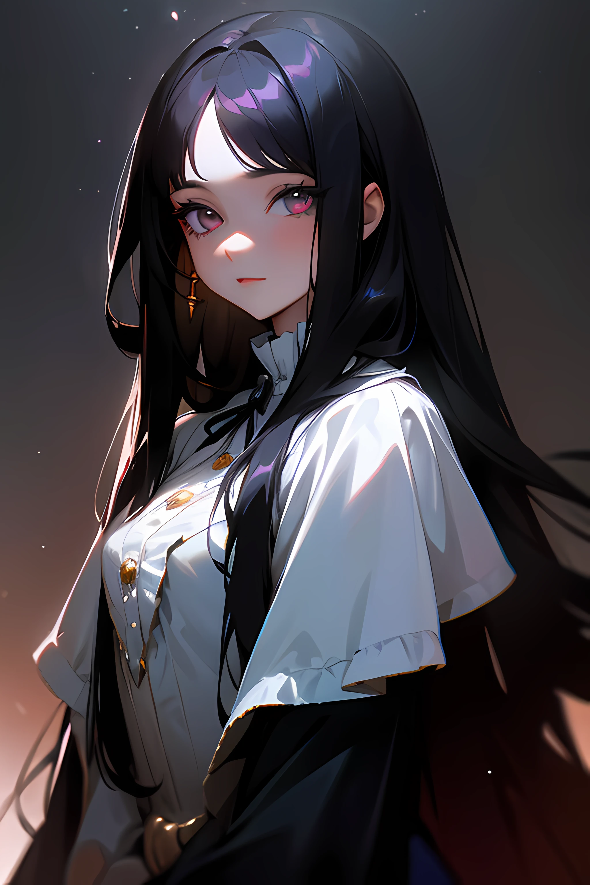 A woman with long black hair and glimmering eyes, in a 1700's dress.