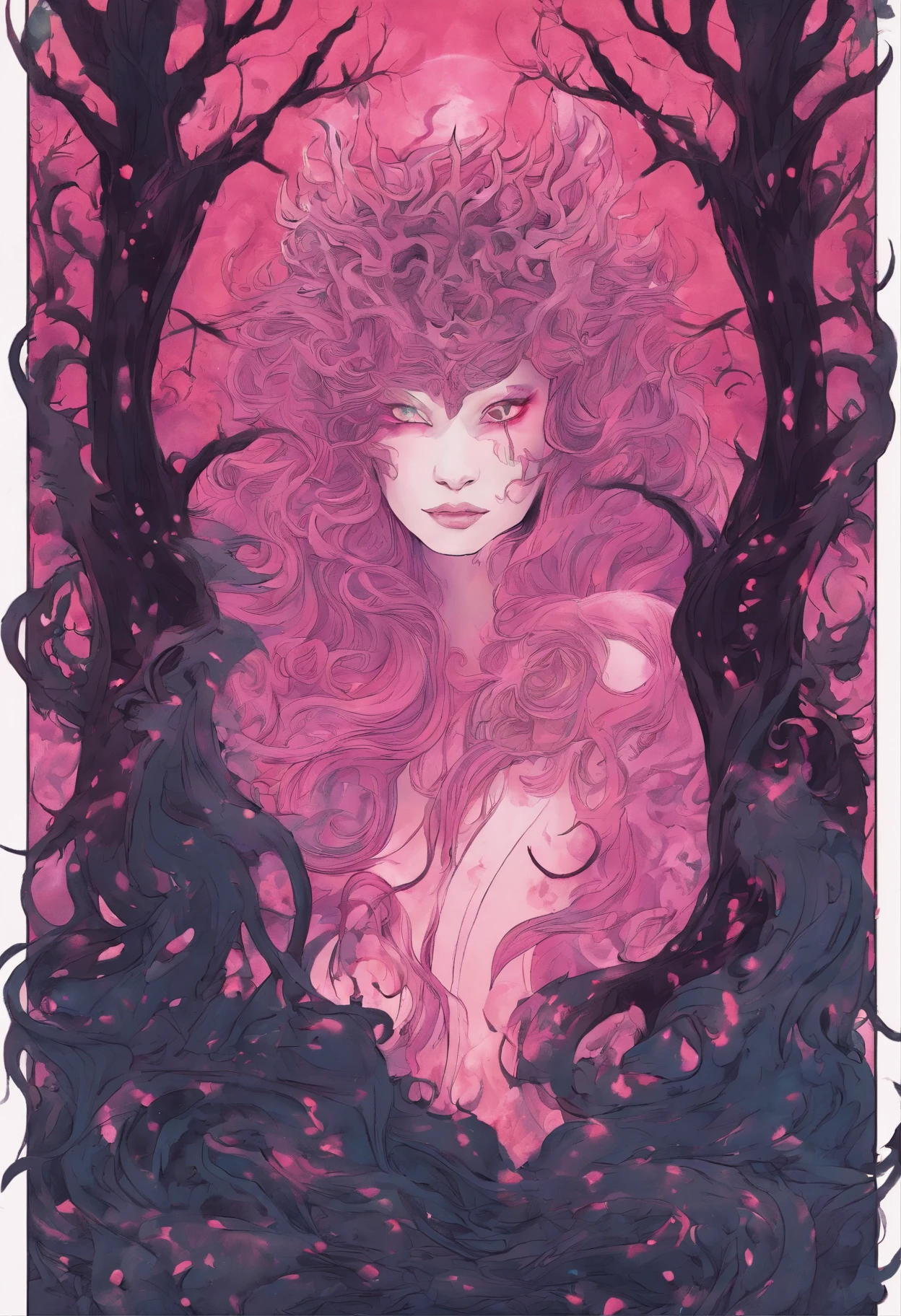 (a pink-haired demon woman,spells:1.1,glowing:1.1)(illustration)(best quality,ultra-detailed,realistic:1.37),demonic witch(demonic:1.1)(magic:1.1)(forest)(dark and mysterious,ominous atmosphere),casting powerful spells,creating magical energy(magic:1.1),vibrant pink hair(swirling pink hair)(flowing pink hair),horns(devil horns:1.1),piercing red eyes,enchanted scepter(magical scepter),elaborate dark robe,glowing magical sigils,fiery embers swirling(magical embers:1.1)(glowing embers),magical aura(glowing aura),eerie shadows,otherworldly presence(presence),sinister smile,nightfall in the background(dark night:1.1)(moonlit forest),lush and dense foliage(twisted trees)(mystical plants:1.1),mystical particles(swirling particles)(floating particles),ethereal glow(ethereal:1.1)(soft glow),faint moonlight breaking through the trees,haunting and captivating(scary atmosphere),bewitching beauty,wide range of colors(vivid colors)(contrasting colors),mystical realm,impressive details,dynamic composition,mesmerizing artwork,photorealistic style(picasso style),impressive shading and lighting,explosive energy,magical atmosphere(fantasy atmosphere),dreamlike scene