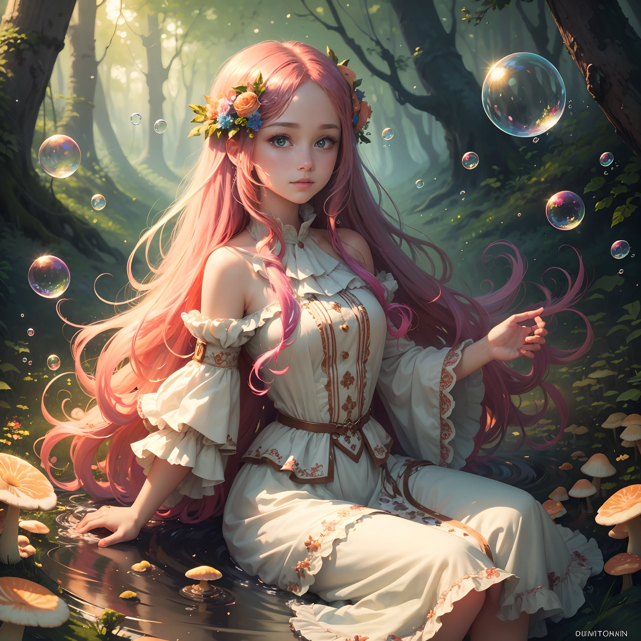 (best quality, highres:1.2), ultra-detailed, (illustration), (1 girl), beautiful detailed eyes, delicate beautiful face, flowing hair, (vibrant, high saturation), colorful splashes, colorful bubbles, (shimmering), focused on the face, strolling in a forest full of colorful mushrooms