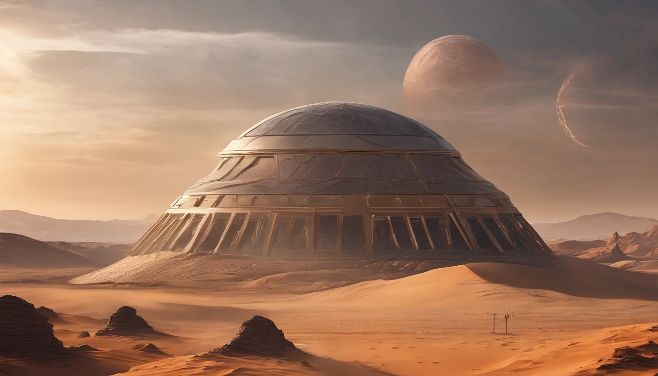 The art of horror drama, Alien universe，Barren desert，Luxurious building in the distance，Huge planet