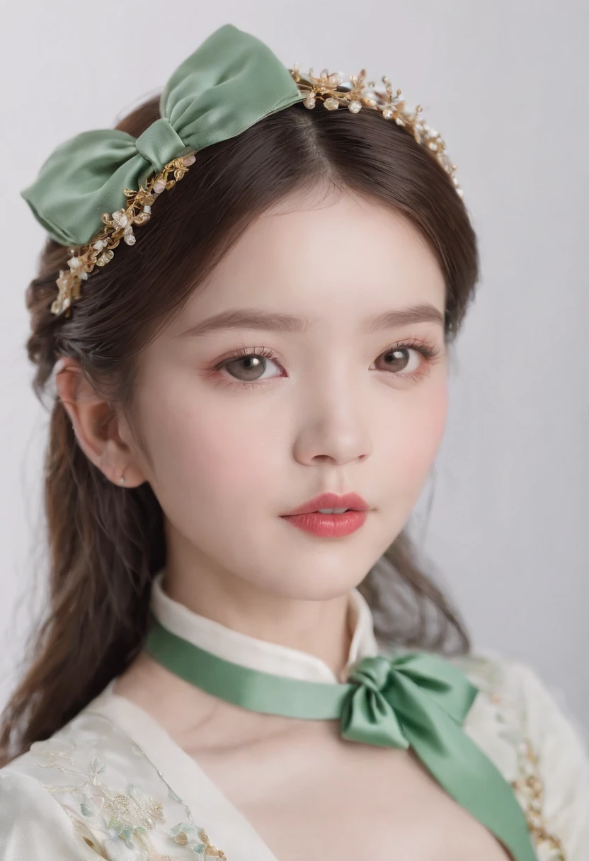 a georgia baby girl, (3 year old:1.8), solo, (close-up:1.5), (translucent skin:1.1), (snow white skin:1.1), model posture, hanfu,
ming style, white short shirt, green bow tie, the hem is tied in the skirt, mamian skirt, (light green short skirt:1.2), not knee-length skirt, embroidery, woven gold, makeup flower, white Mary Jane shoes,
(white background:1.2), simple background, photo taken with fujifilm superia, style by Andreas Achenbach,
in the style of hyper-realistic portraiture, machine age aesthetics, chinapunk, decadent beauty, close up, majismo,
dslr, 8k, 4k, ultrarealistic, realistic, natural skin, textured skin