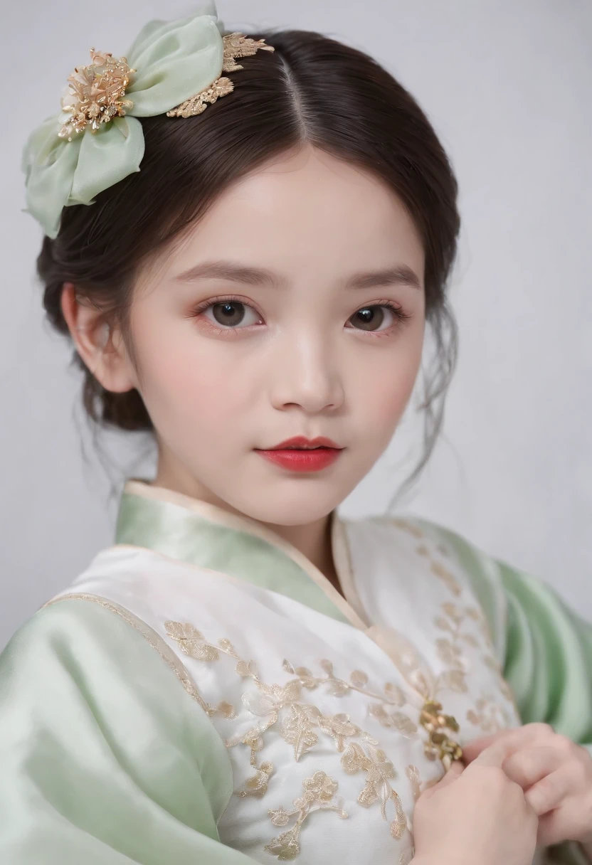 a georgia baby girl, (3 year old:1.8), solo, (close-up:1.5), (translucent skin:1.1), (snow white skin:1.1), model posture, hanfu,
ming style, white short shirt, green bow tie, the hem is tied in the skirt, mamian skirt, (light green short skirt:1.2), not knee-length skirt, embroidery, woven gold, makeup flower, white Mary Jane shoes,
(white background:1.2), simple background, photo taken with fujifilm superia, style by Andreas Achenbach,
in the style of hyper-realistic portraiture, machine age aesthetics, chinapunk, decadent beauty, close up, majismo,
dslr, 8k, 4k, ultrarealistic, realistic, natural skin, textured skin