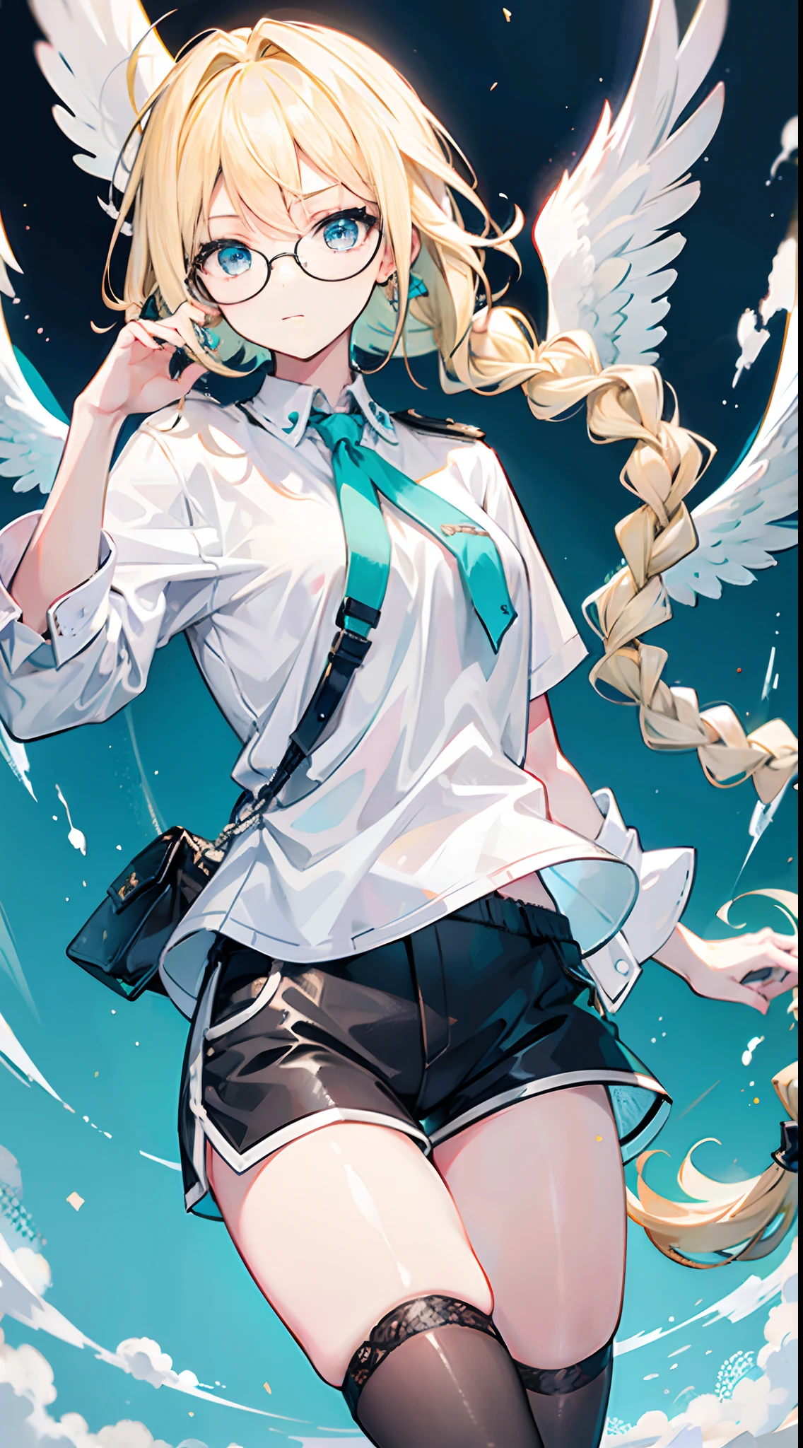 18-year-old blonde, Turquoise eyes, long-haired, Left Braid, eye glasses. Wear a white shirt..., Black shorts with white wings on the back....