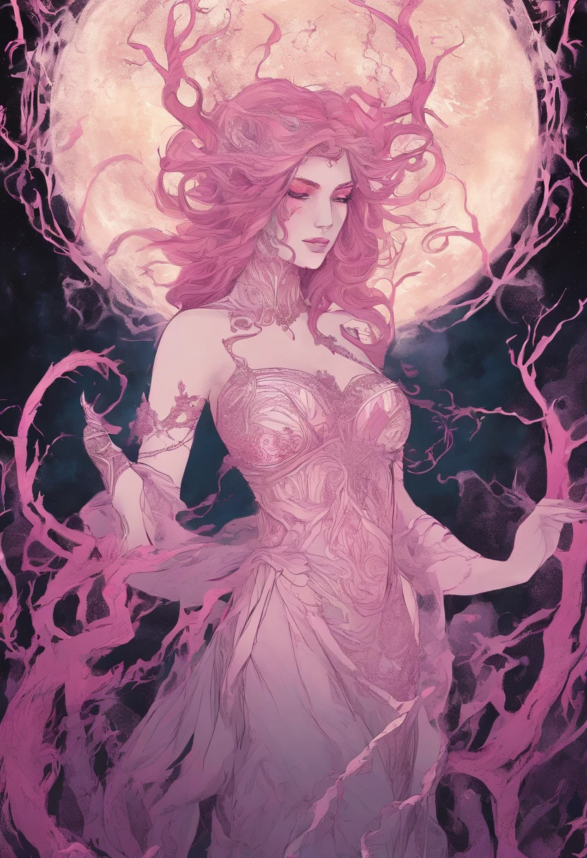 (a pink-haired demon woman,spells:1.1,glowing:1.1)(illustration)(best quality,ultra-detailed,realistic:1.37),demonic witch(demonic:1.1)(magic:1.1)(forest)(dark and mysterious,ominous atmosphere),casting powerful spells,creating magical energy(magic:1.1),vibrant pink hair(swirling pink hair)(flowing pink hair),horns(devil horns:1.1),piercing red eyes,enchanted scepter(magical scepter),elaborate dark robe,glowing magical sigils,fiery embers swirling(magical embers:1.1)(glowing embers),magical aura(glowing aura),eerie shadows,otherworldly presence(presence),sinister smile,nightfall in the background(dark night:1.1)(moonlit forest),lush and dense foliage(twisted trees)(mystical plants:1.1),mystical particles(swirling particles)(floating particles),ethereal glow(ethereal:1.1)(soft glow),faint moonlight breaking through the trees,haunting and captivating(scary atmosphere),bewitching beauty,wide range of colors(vivid colors)(contrasting colors),mystical realm,impressive details,dynamic composition,mesmerizing artwork,photorealistic style(picasso style),impressive shading and lighting,explosive energy,magical atmosphere(fantasy atmosphere),dreamlike scene