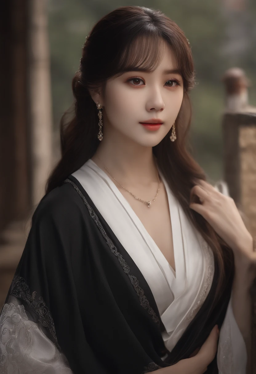(ultra-realistic realism)、(illustratio)、(A high resolution)、(8K)、(The is very detailed)、(Best Illustration)、(Beautifully detailed eyes)、(top-quality)、(ultra - detailed)、(tmasterpiece)、(the wallpaper)、(A detailed face)、独奏、1 girl in、looking at viewert、finedetail、A detailed face、in the darkness nigth、deep shading、low tune、pureerosfaceace_V1、A smile、Long、Black shawl straight hair、46-point diagonal bangs, (swim wears)(Rounded chest)The view of the castle、、Stand against the wall