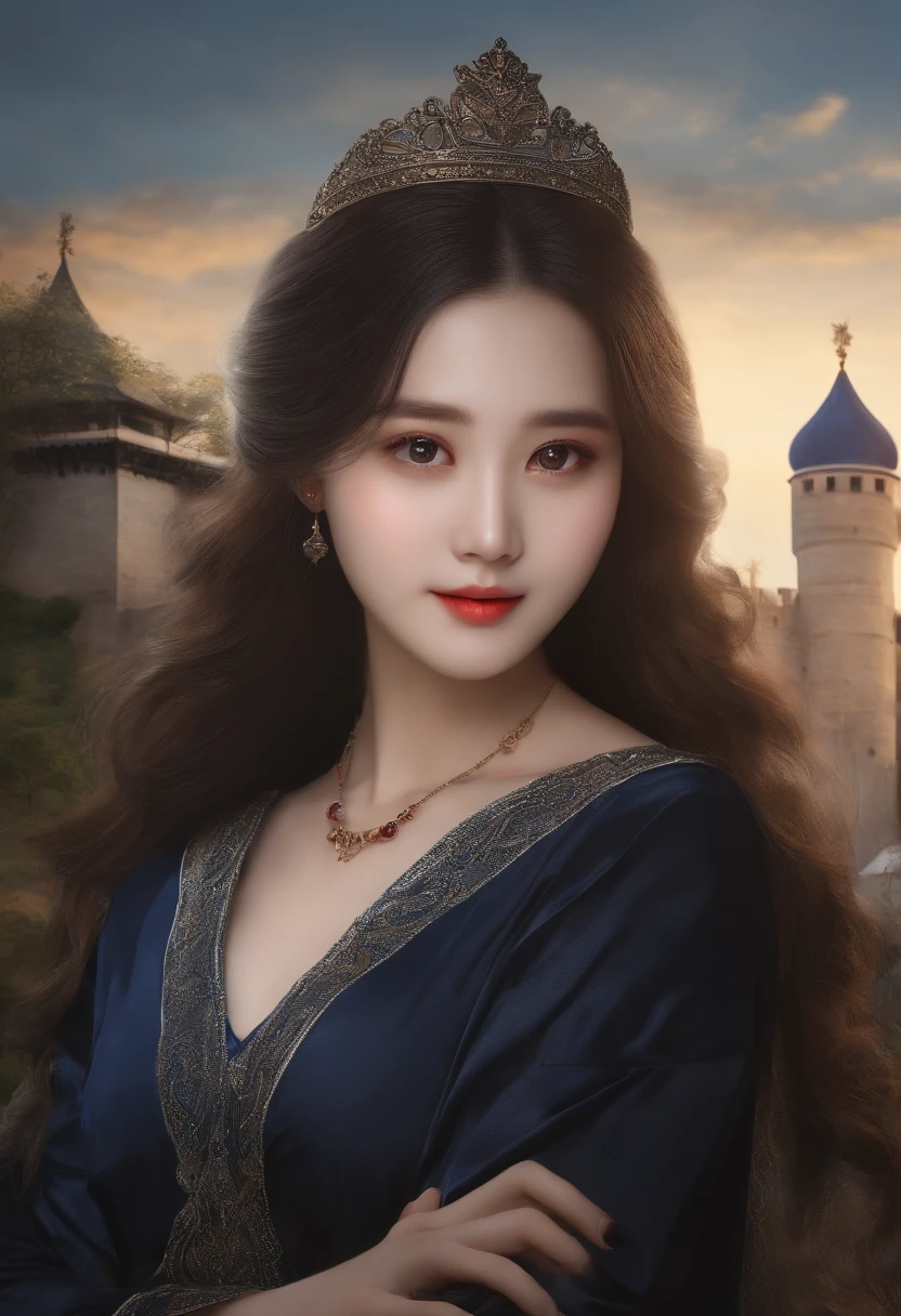 (ultra-realistic realism)、(illustratio)、(A high resolution)、(8K)、(The is very detailed)、(Best Illustration)、(Beautifully detailed eyes)、(top-quality)、(ultra - detailed)、(tmasterpiece)、(the wallpaper）、（A detailed face）、独奏、1 girl in、looking at viewert、finedetail、A detailed face、in the darkness nigth、deep shading、low tune、pureerosfaceace_V1、A smile、Long、Black shawl straight hair、46-point diagonal bangs,　（swim wears）(Rounded chest）The view of the castle、、Stand against the wall