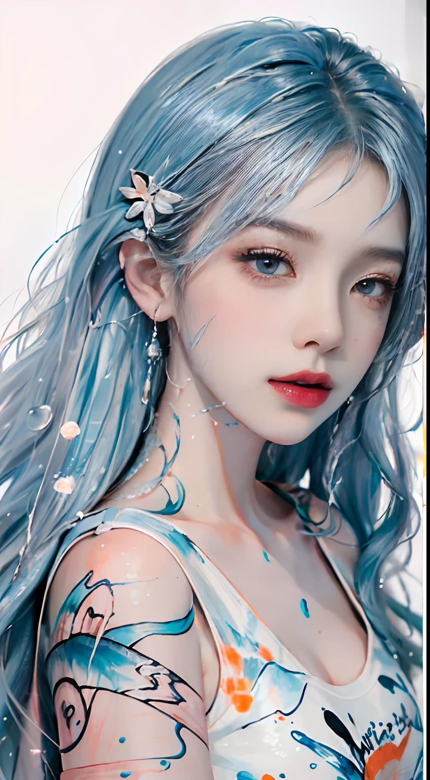 (Masterpiece, Best Quality, High Resolution), White Background, Acrylic Paint, ((Color Splash, Splash of Ink, Color Splash)), Sweet Chinese Girl, Long Light Blue Hair, [Light Blue|Pink] Hair, Curly Hair, Glitter, Peach Lips, White Shirt, Front, Upper Body