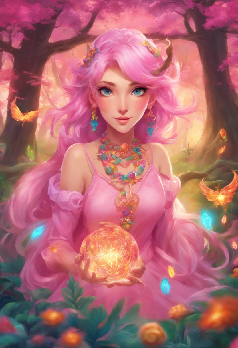 (a pink-haired demon woman,spells:1.1,glowing:1.1)(illustration)(best quality,ultra-detailed,realistic:1.37),demonic witch(demonic:1.1)(magic:1.1)(forest)(dark and mysterious,ominous atmosphere),casting powerful spells,creating magical energy(magic:1.1),vibrant pink hair(swirling pink hair)(flowing pink hair),horns(devil horns:1.1),piercing red eyes,enchanted scepter(magical scepter),elaborate dark robe,glowing magical sigils,fiery embers swirling(magical embers:1.1)(glowing embers),magical aura(glowing aura),eerie shadows,otherworldly presence(presence),sinister smile,nightfall in the background(dark night:1.1)(moonlit forest),lush and dense foliage(twisted trees)(mystical plants:1.1),mystical particles(swirling particles)(floating particles),ethereal glow(ethereal:1.1)(soft glow),faint moonlight breaking through the trees,haunting and captivating(scary atmosphere),bewitching beauty,wide range of colors(vivid colors)(contrasting colors),mystical realm,impressive details,dynamic composition,mesmerizing artwork,photorealistic style(picasso style),impressive shading and lighting,explosive energy,magical atmosphere(fantasy atmosphere),dreamlike scene