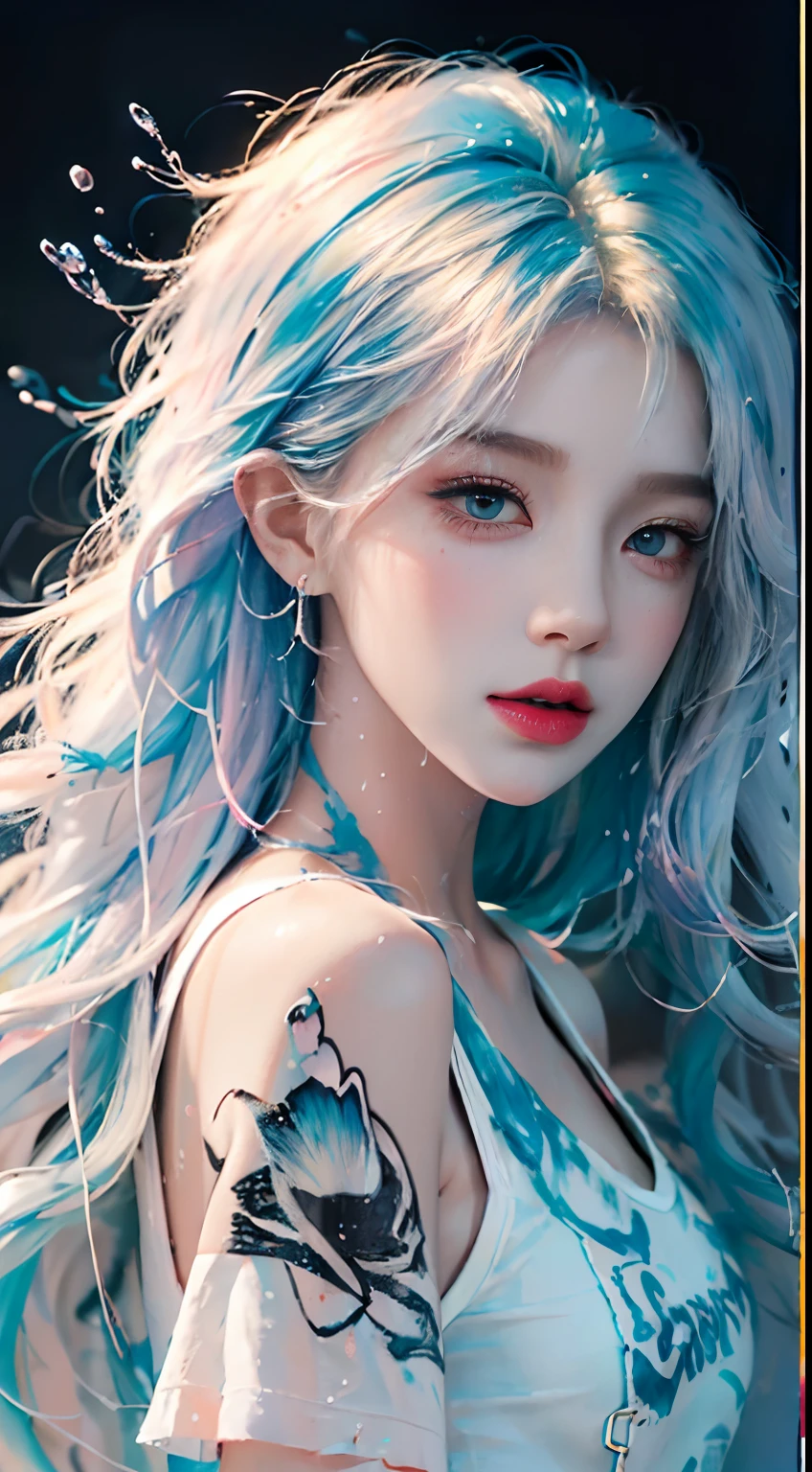 (Masterpiece, Best Quality, High Resolution), White Background, Acrylic Paint, ((Color Splash, Splash of Ink, Color Splash)), Sweet Chinese Girl, Long Light Blue Hair, [Light Blue|Pink] Hair, Curly Hair, Glitter, Peach Lips, White Shirt, Front, Upper Body