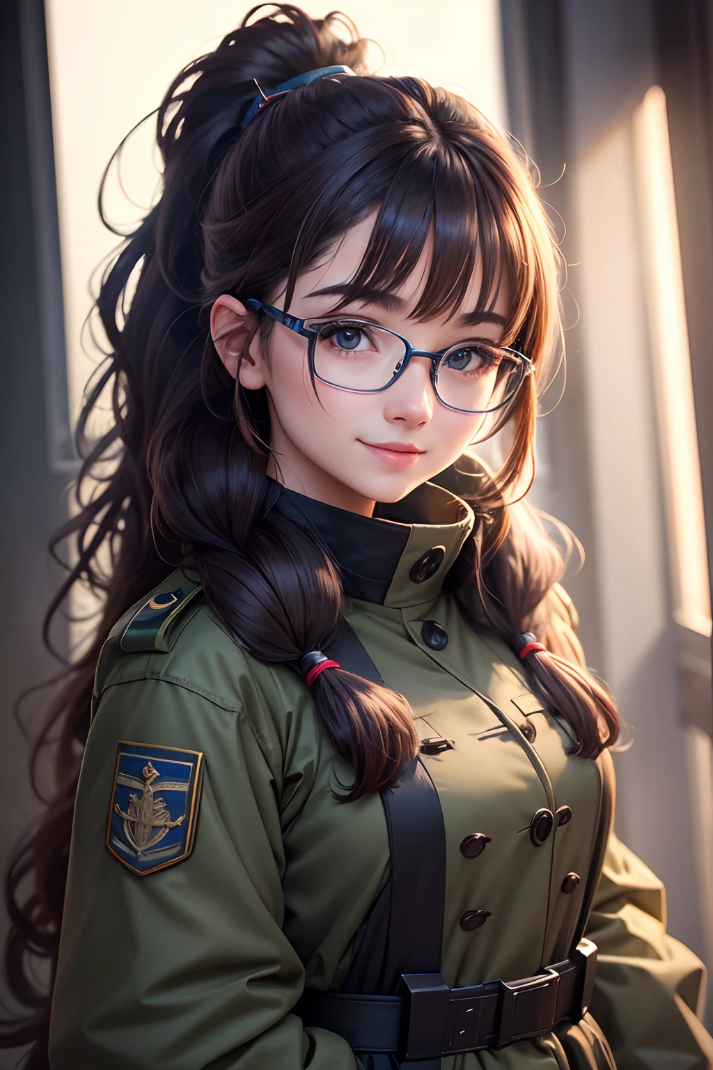 A happy and cute lady , wearing glass ,a military colour full coat, looking to viewers, very cute , natural long hair up to shoulder, open long hair, studio lighting ,morning time, standing , eye view angle shot, half body shot, highly detailed, high quality, ultra sharp resolution
