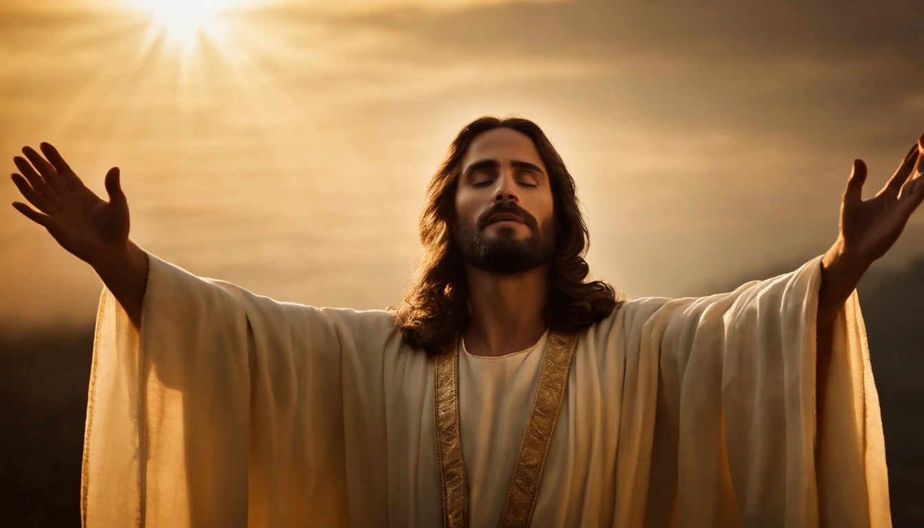 Crie uma imagem de Jesus com uma coroa, mas sem mostrar seu rosto. Use symbolic elements, like outstretched hands or an aura of light, para representar sua divindade e poder.