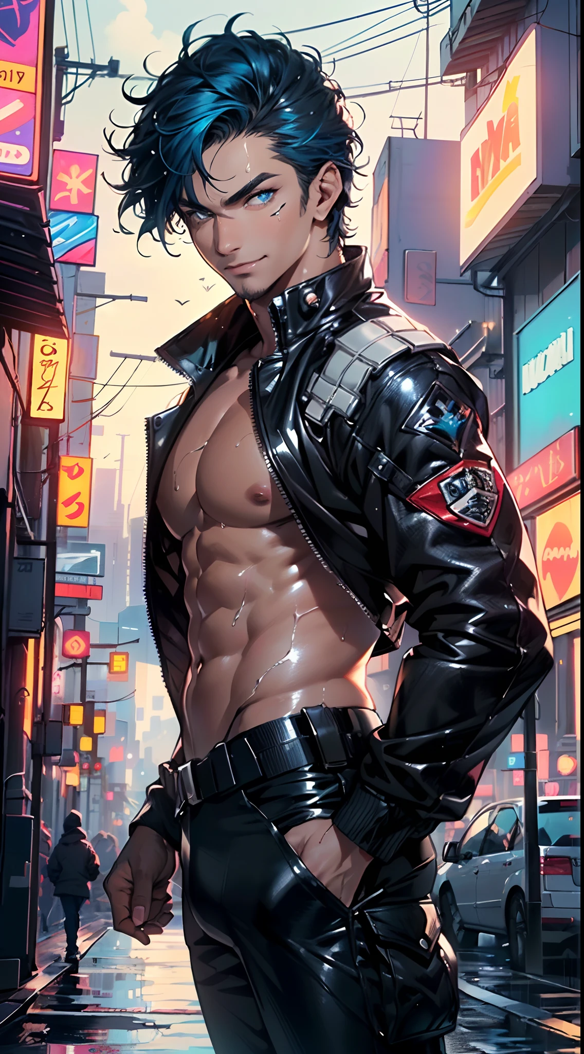 man:1.5,1 man,bounty hunter man,(((1man))),((man)),
(((1male,man:1.5,handsome man,male,male gender:1.5,male focus))),macho man,
((medium black hair,disheveled hair,blue hair,black hair,two-tone hair)),(((lustrous skin:1.5,tanned skin,bright skin: 1.5,skin tanned,shiny skin,very shiny skin,shiny body,illuminated skin))),(((blue_eyes:1.2))),intricate eyes,beautiful detailed eyes,symmetrical eyes,man chest,handsome face,((muscular,hairy body,muscular man)),(((detailed face))),
alluring look,nsfw,
bounty hunter pants,((bulge in pants)),((bounty hunter outfit)),(wearing a bounty hunter outfit:1.3,bounty hunter clothes),((wet clothes,intricate outfit,intricate clothes)),
(dynamic pose:1.0),solo focus,((evil smile,evil look)),(centered,scale to fit dimensions,Rule of thirds),
cyberpunk city by the ocean at night, with bright neon signs and dark stormy clouds and puddles, scenery:1.25,
highres, sharp focus, (ultra detailed, extremely detailed), (photorealistic artwork:1.37),(extremely detailed CG unity 8k wallpaper),((synthwave background theme)),(((vibrant colors))),(intricate background),(masterpiece),(best quality),